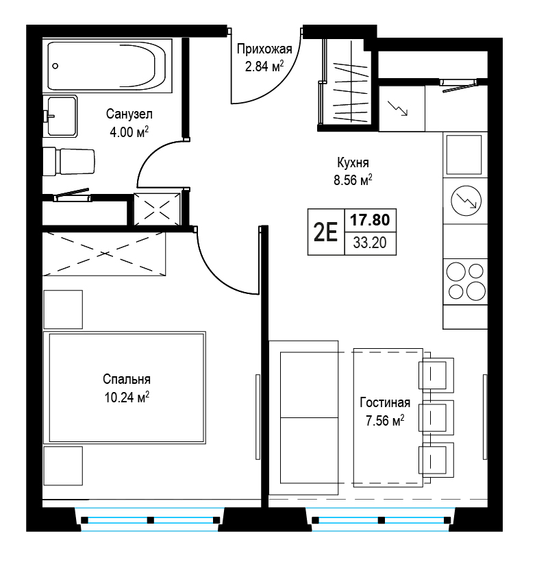 1 комн. квартира, 33.1 м², 3 этаж 