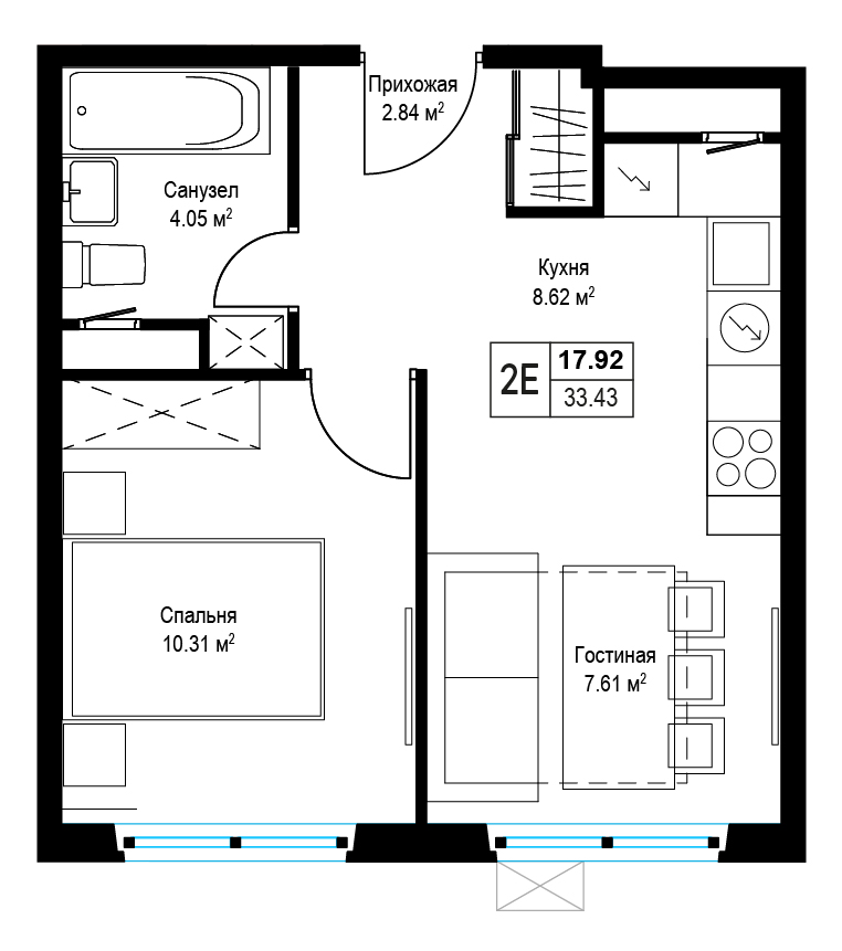 1 комн. квартира, 33.1 м², 13 этаж 