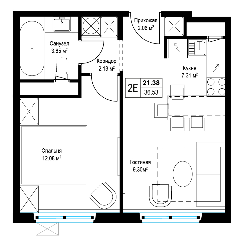 1 комн. квартира, 36.3 м², 17 этаж 