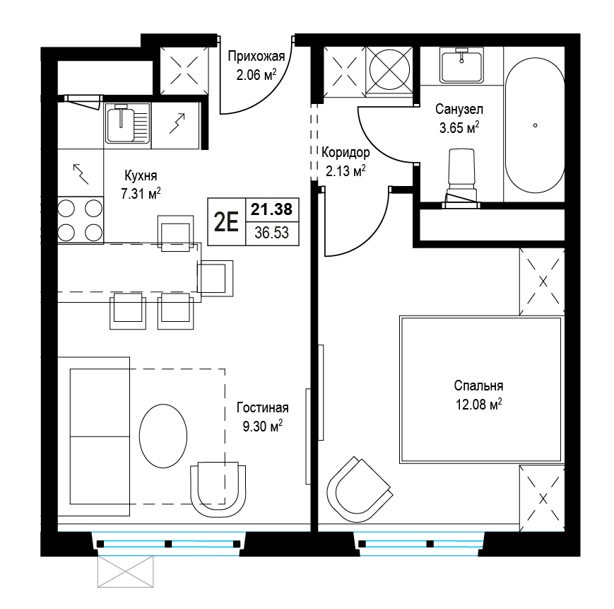 1 комн. квартира, 36.4 м², 13 этаж 