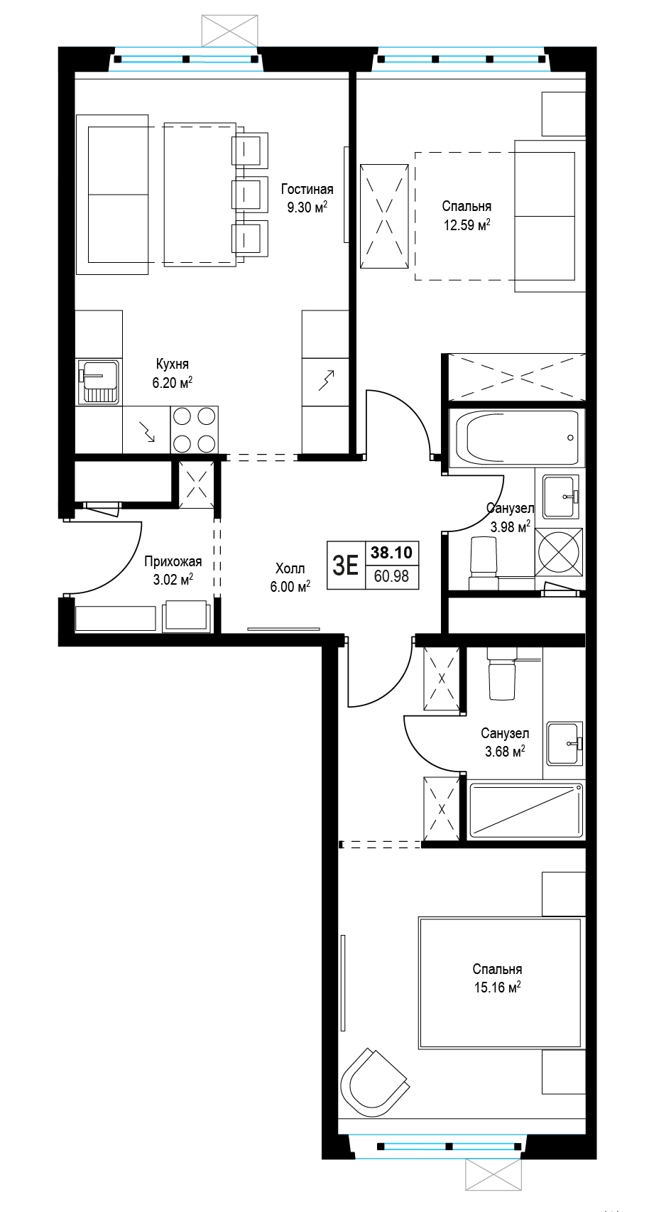 2 комн. квартира, 60.6 м², 8 этаж 