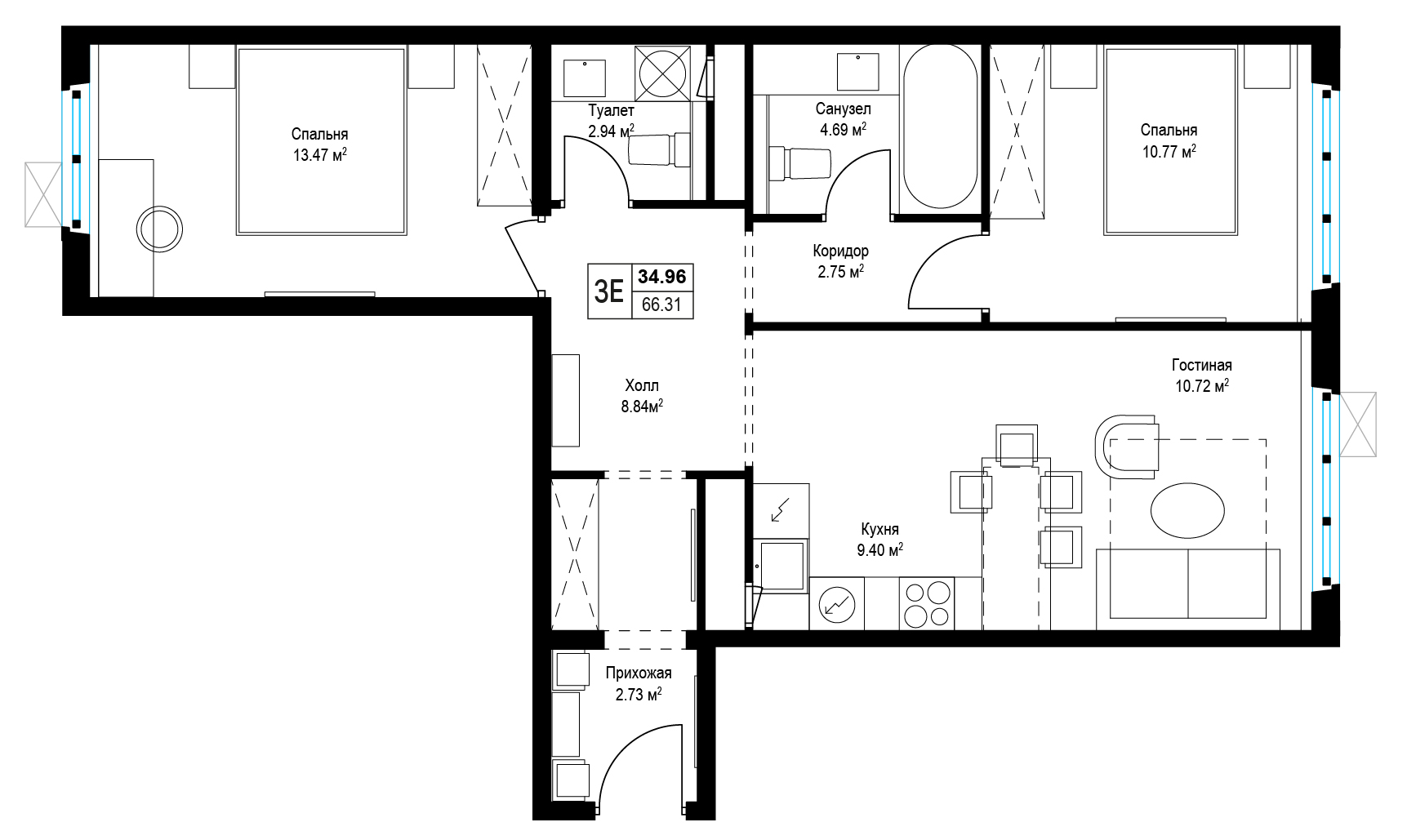 2 комн. квартира, 66.7 м², 16 этаж 
