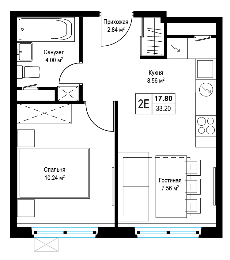 1 комн. квартира, 33.1 м², 6 этаж 