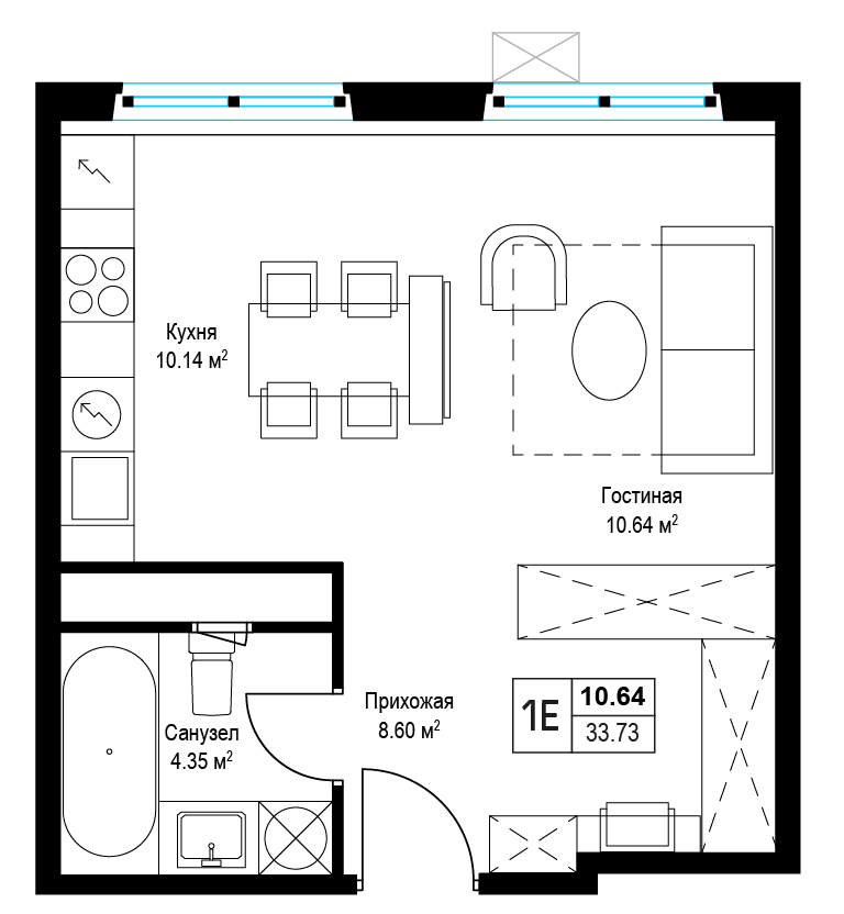 студия, 33.4 м², 5 этаж 