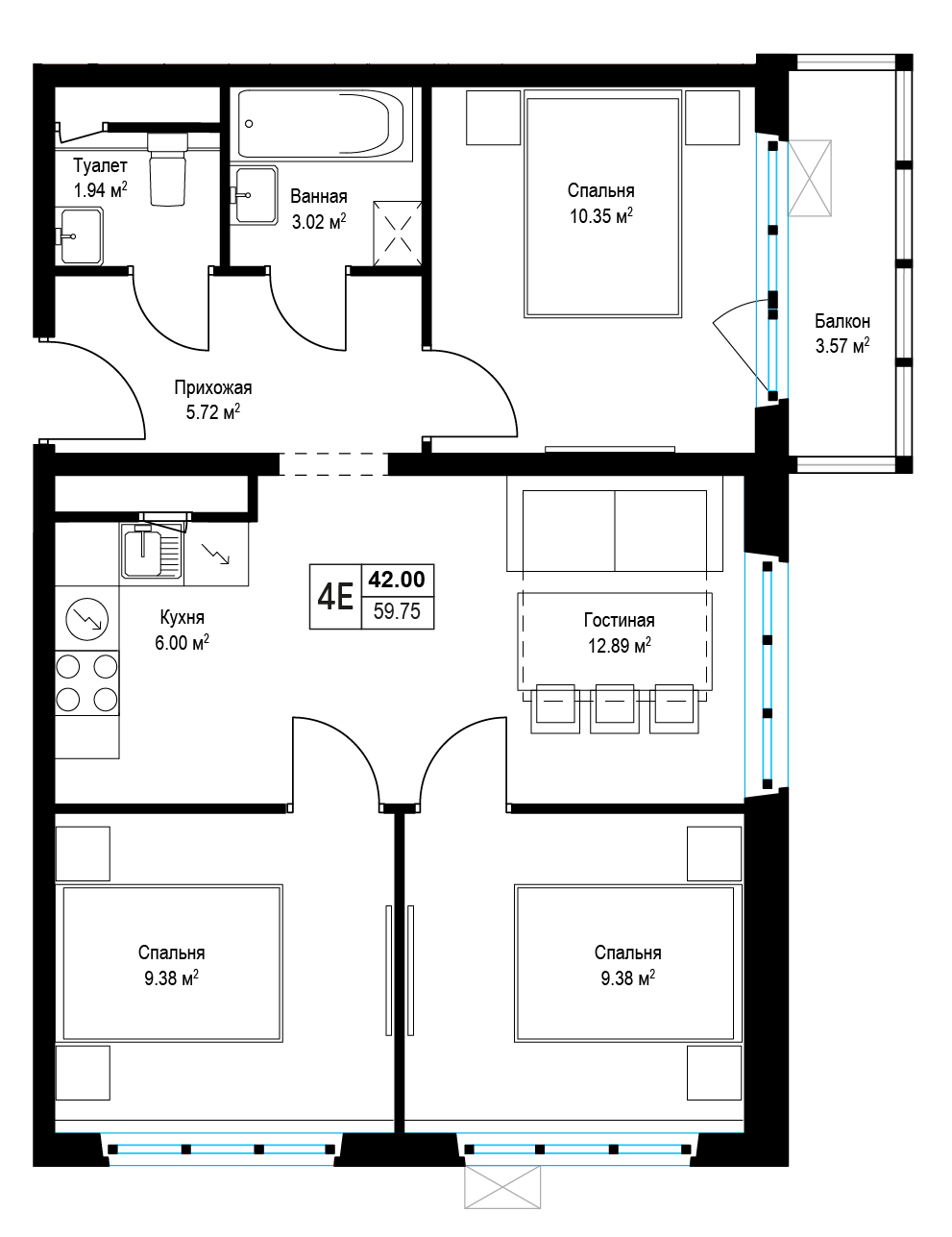 2 комн. квартира, 60 м², 16 этаж 