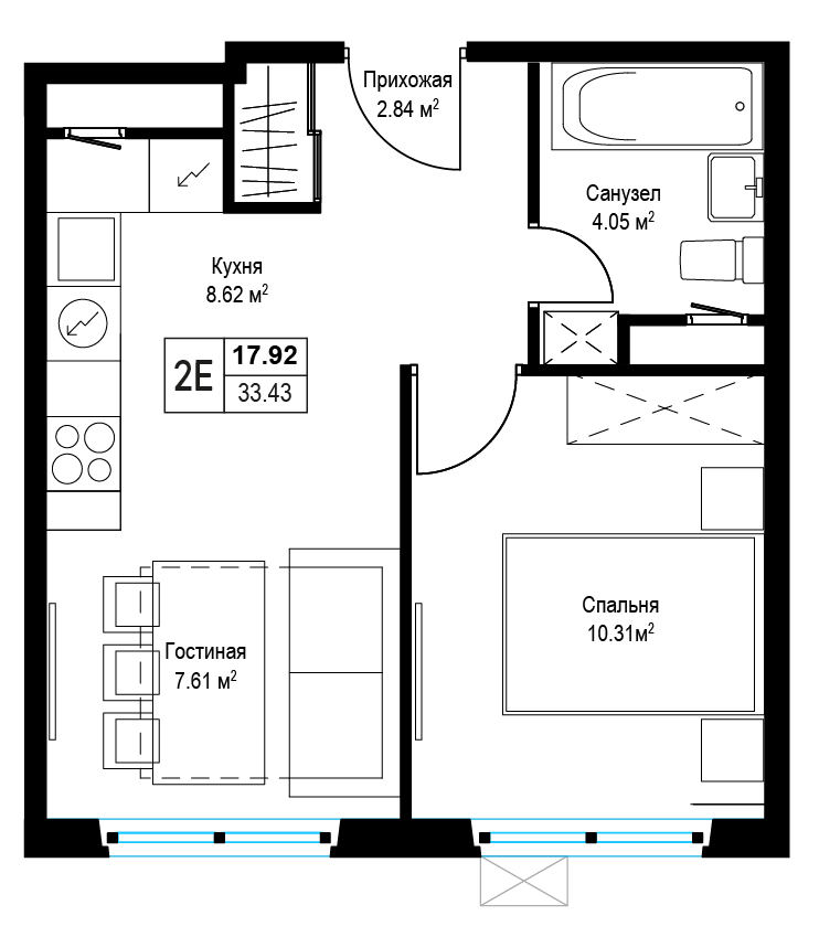 1 комн. квартира, 33.3 м², 17 этаж 