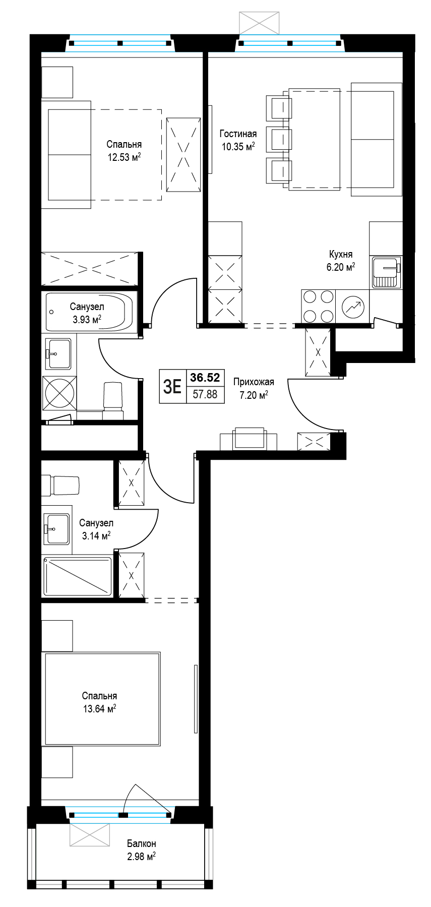 2 комн. квартира, 58.4 м², 6 этаж 