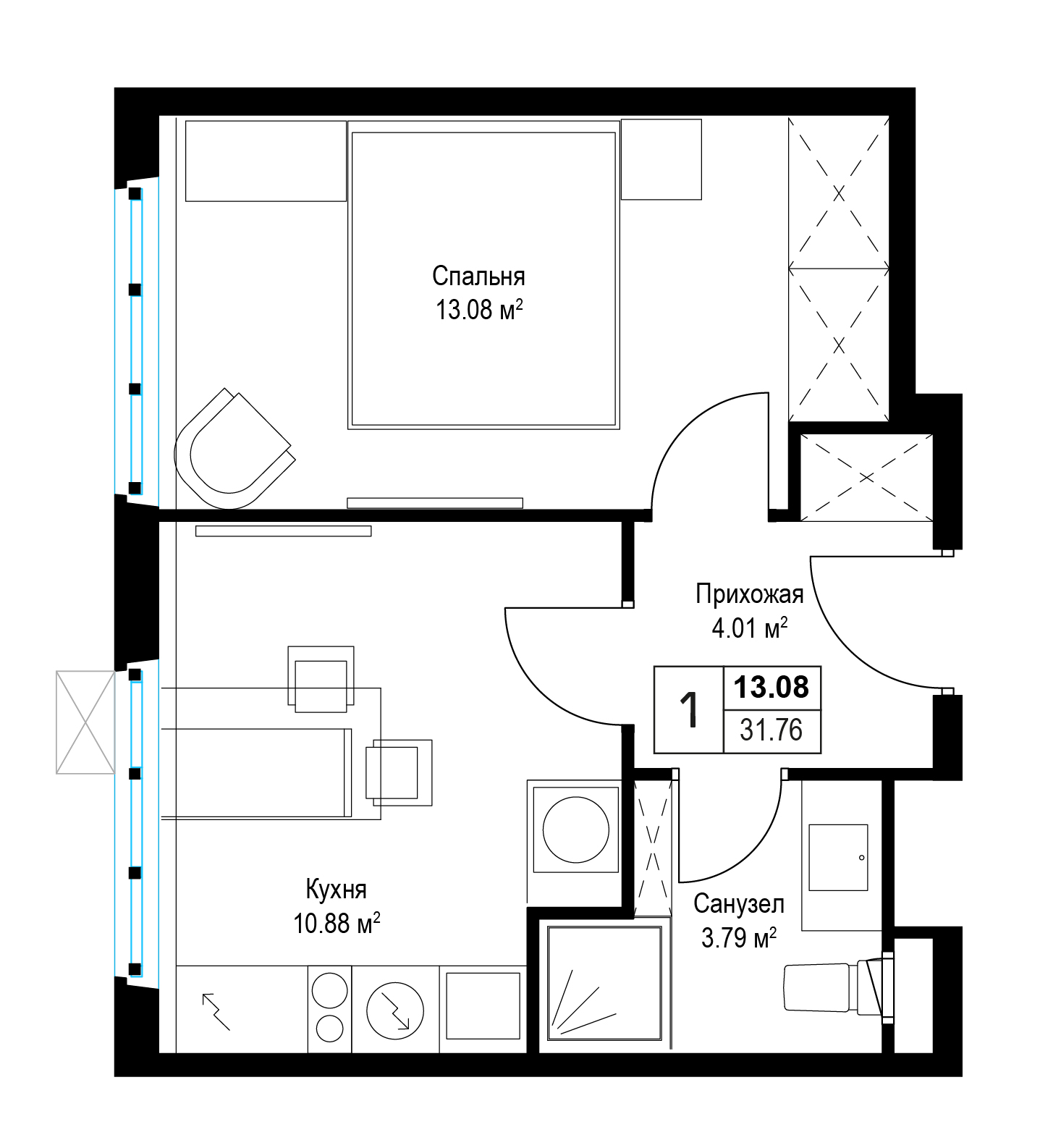 1 комн. квартира, 31.6 м², 12 этаж 