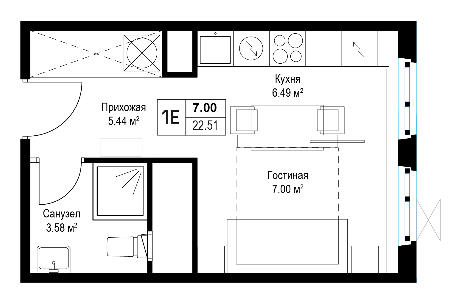 студия, 22.5 м², 12 этаж 