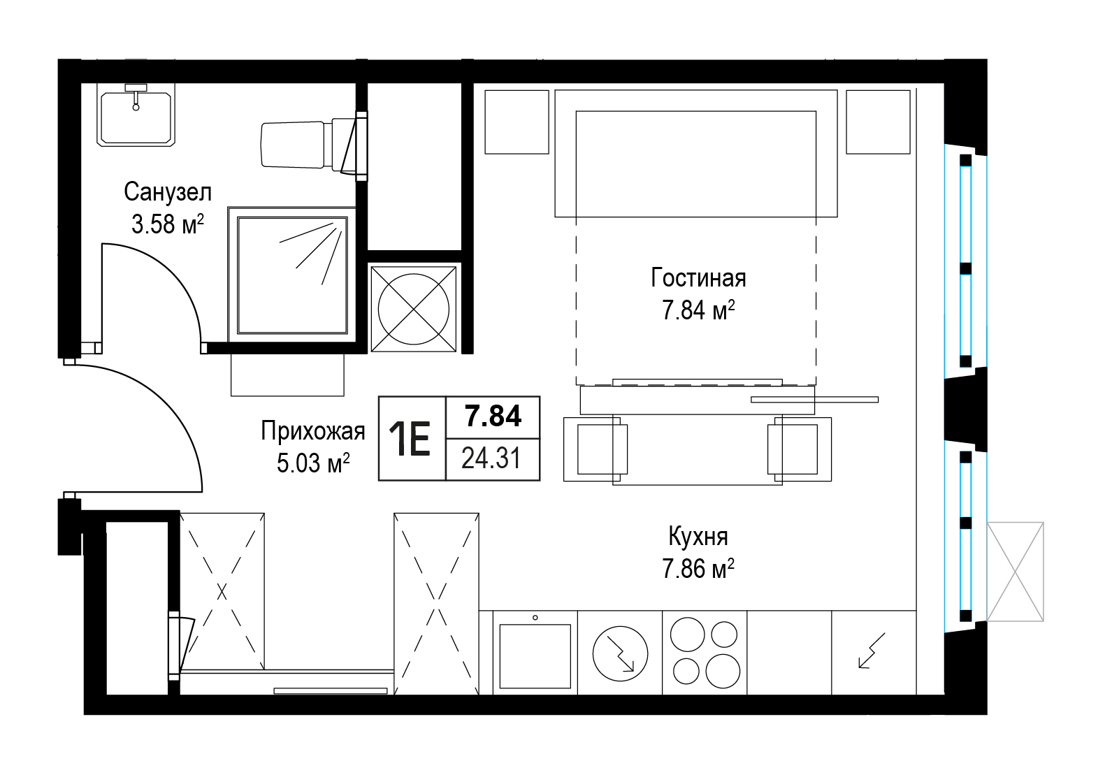 студия, 24.3 м², 7 этаж 
