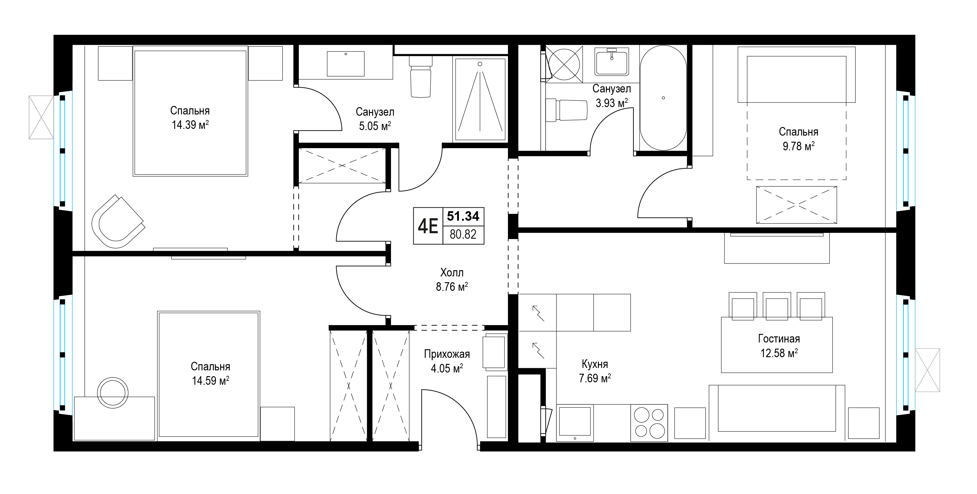 3 комн. квартира, 80.8 м², 12 этаж 