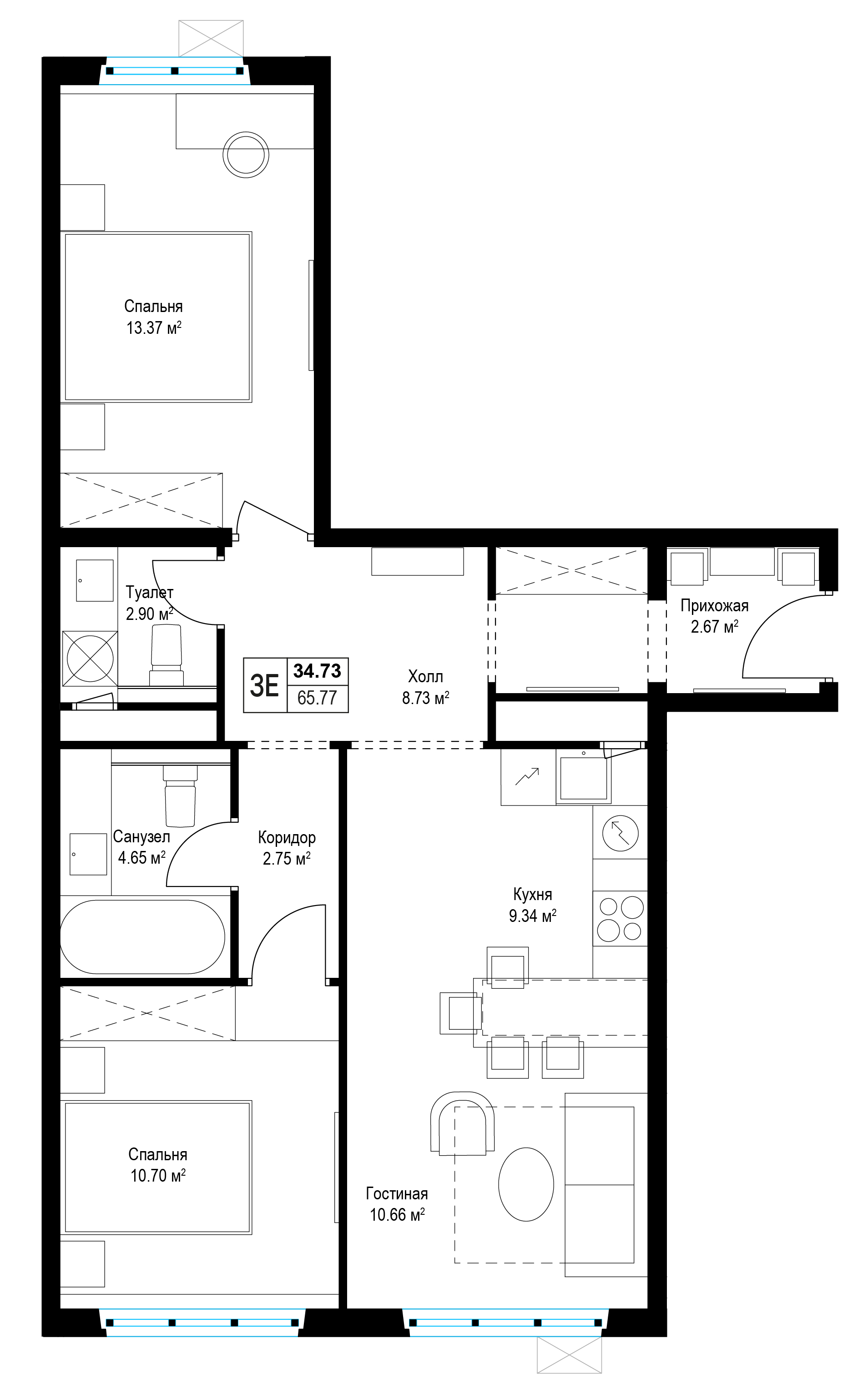 2 комн. квартира, 65.7 м², 2 этаж 