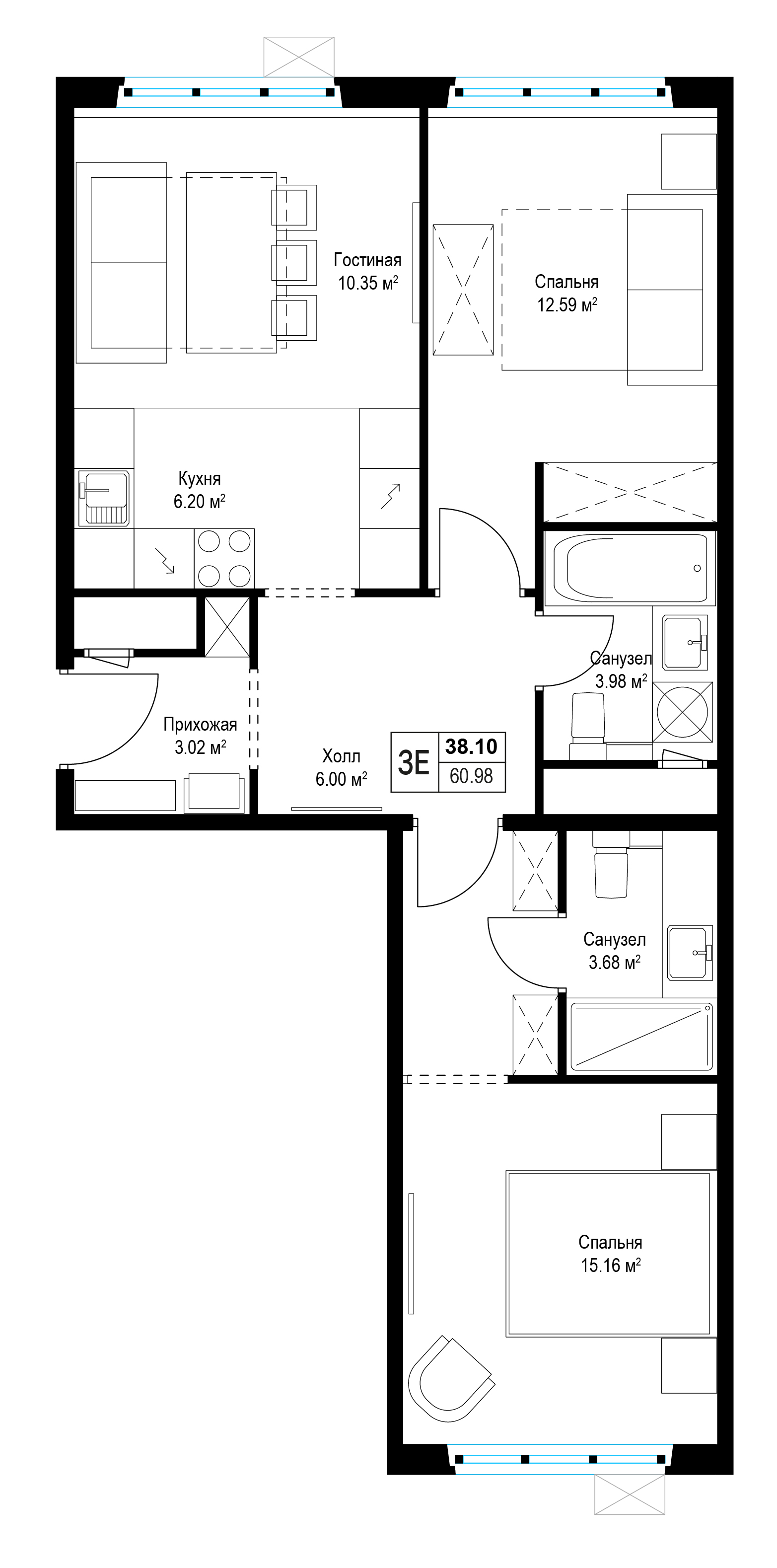 2 комн. квартира, 61 м², 15 этаж 