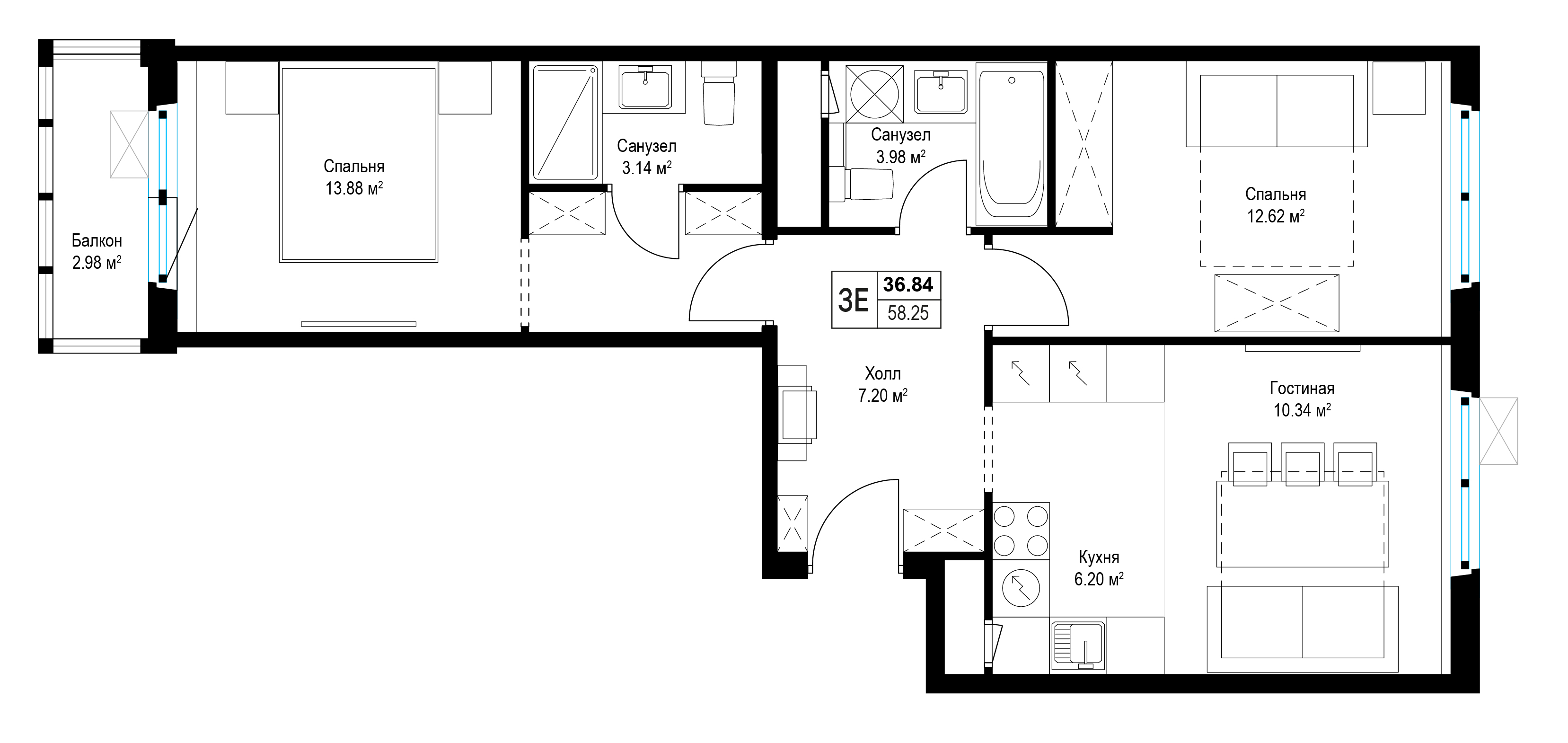2 комн. квартира, 58.8 м², 17 этаж 