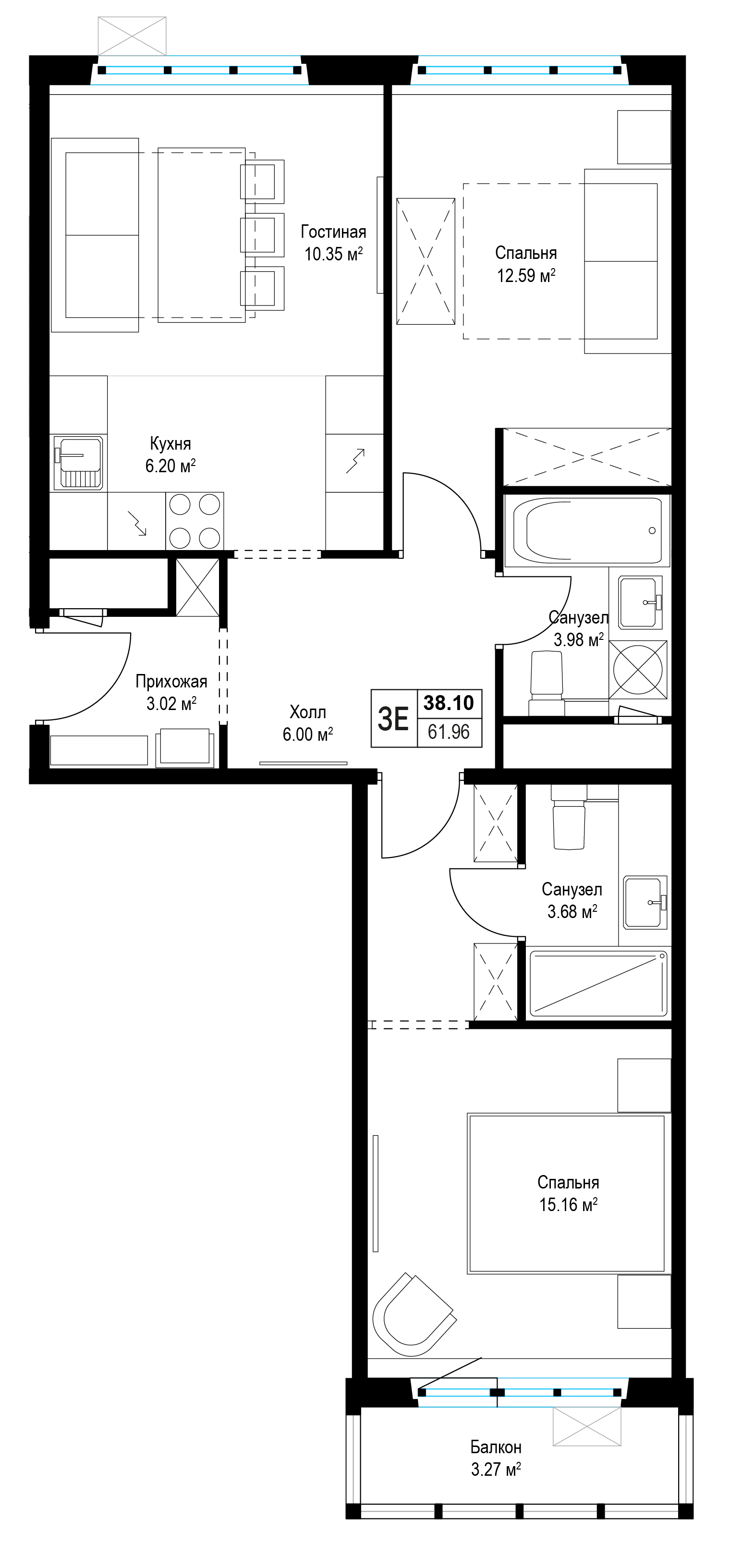 2 комн. квартира, 62.2 м², 15 этаж 