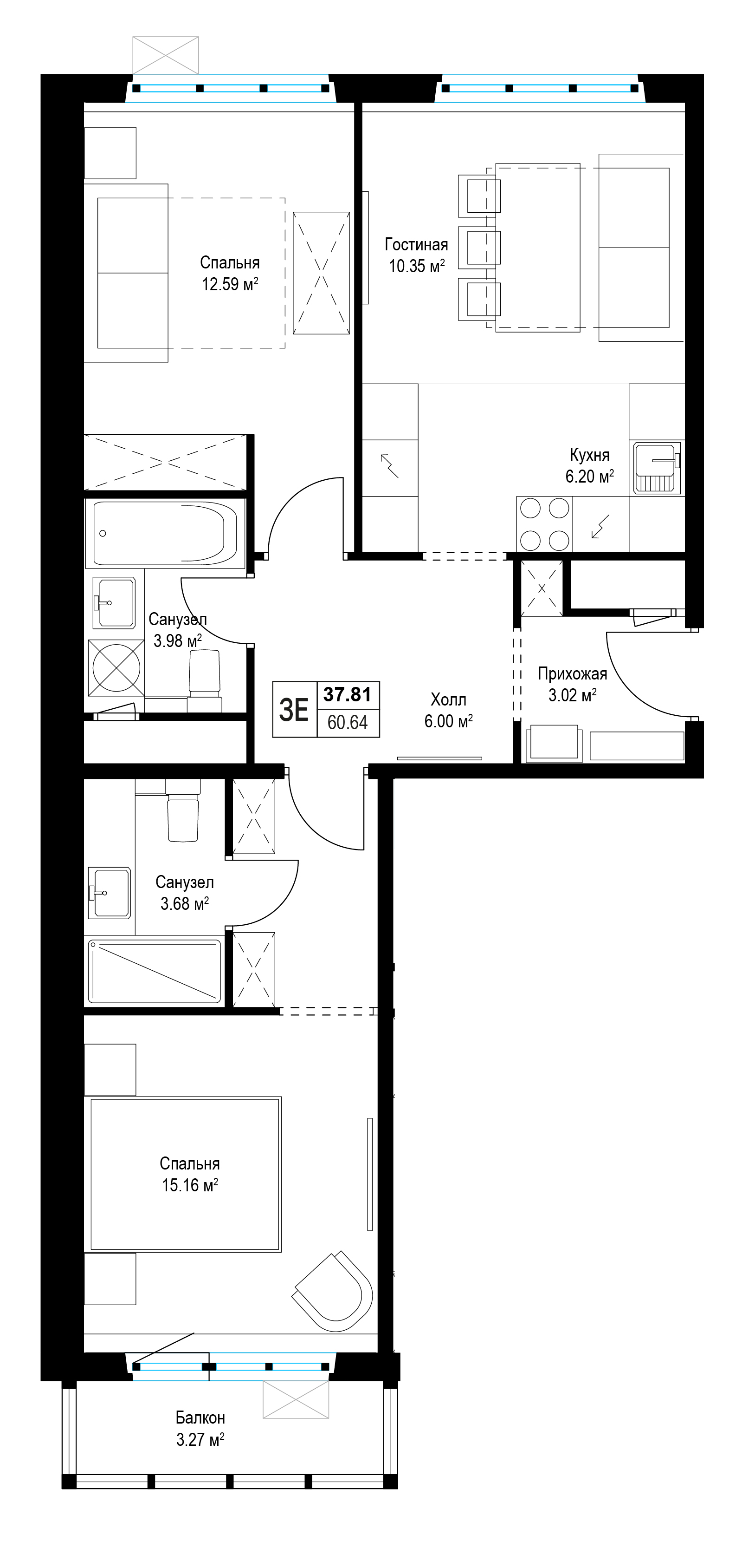 2 комн. квартира, 62 м², 15 этаж 