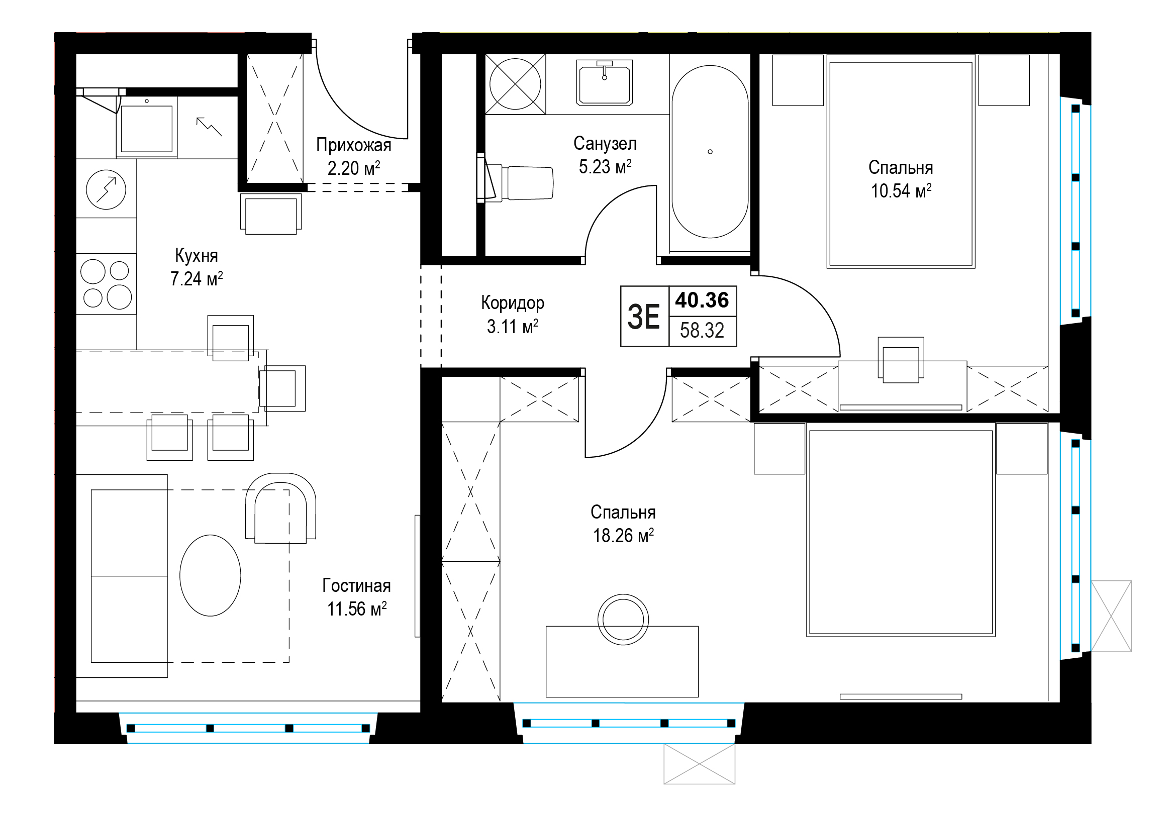2 комн. квартира, 58.4 м², 2 этаж 