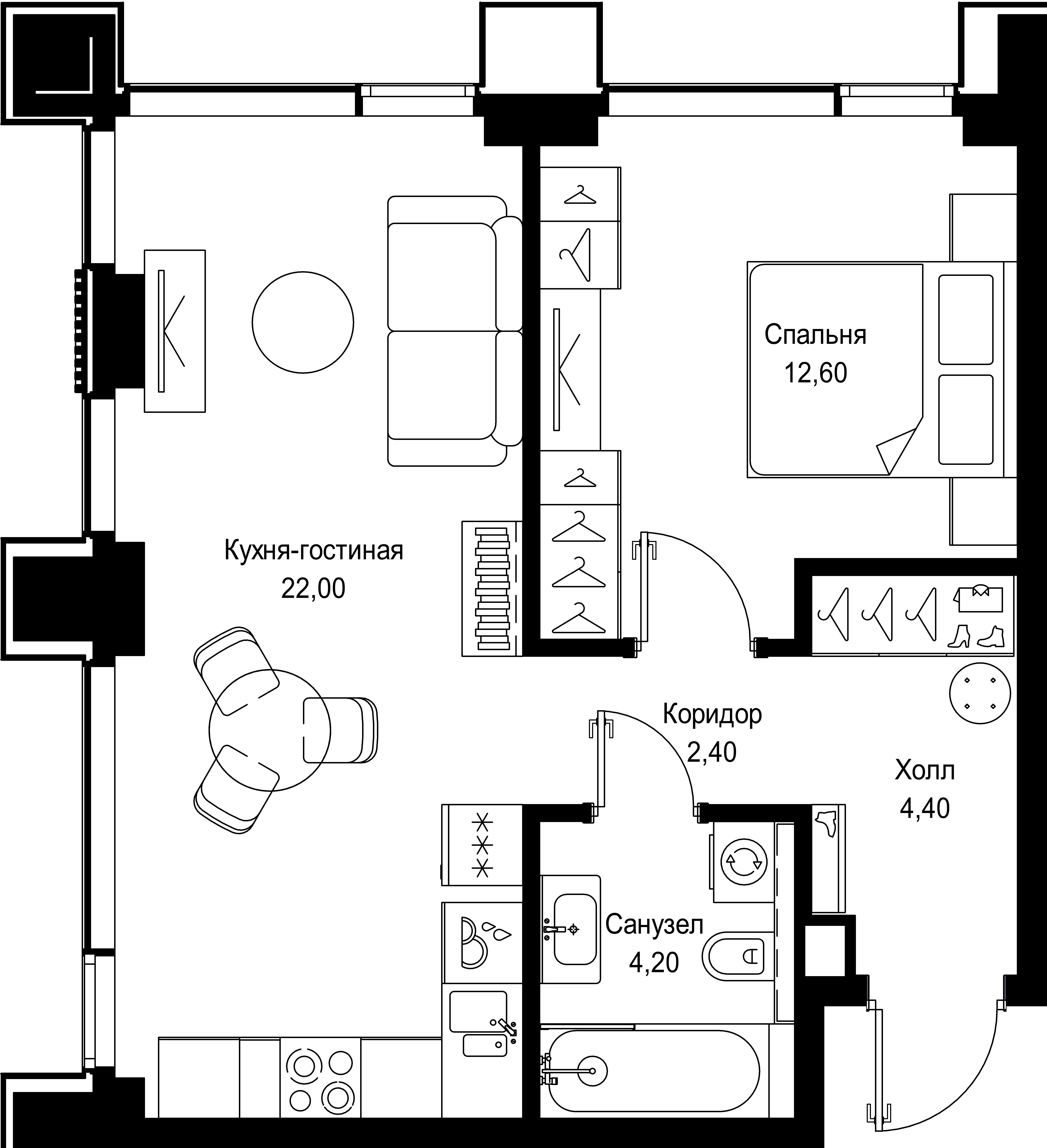 1 комн. квартира, 45.6 м², 31 этаж 