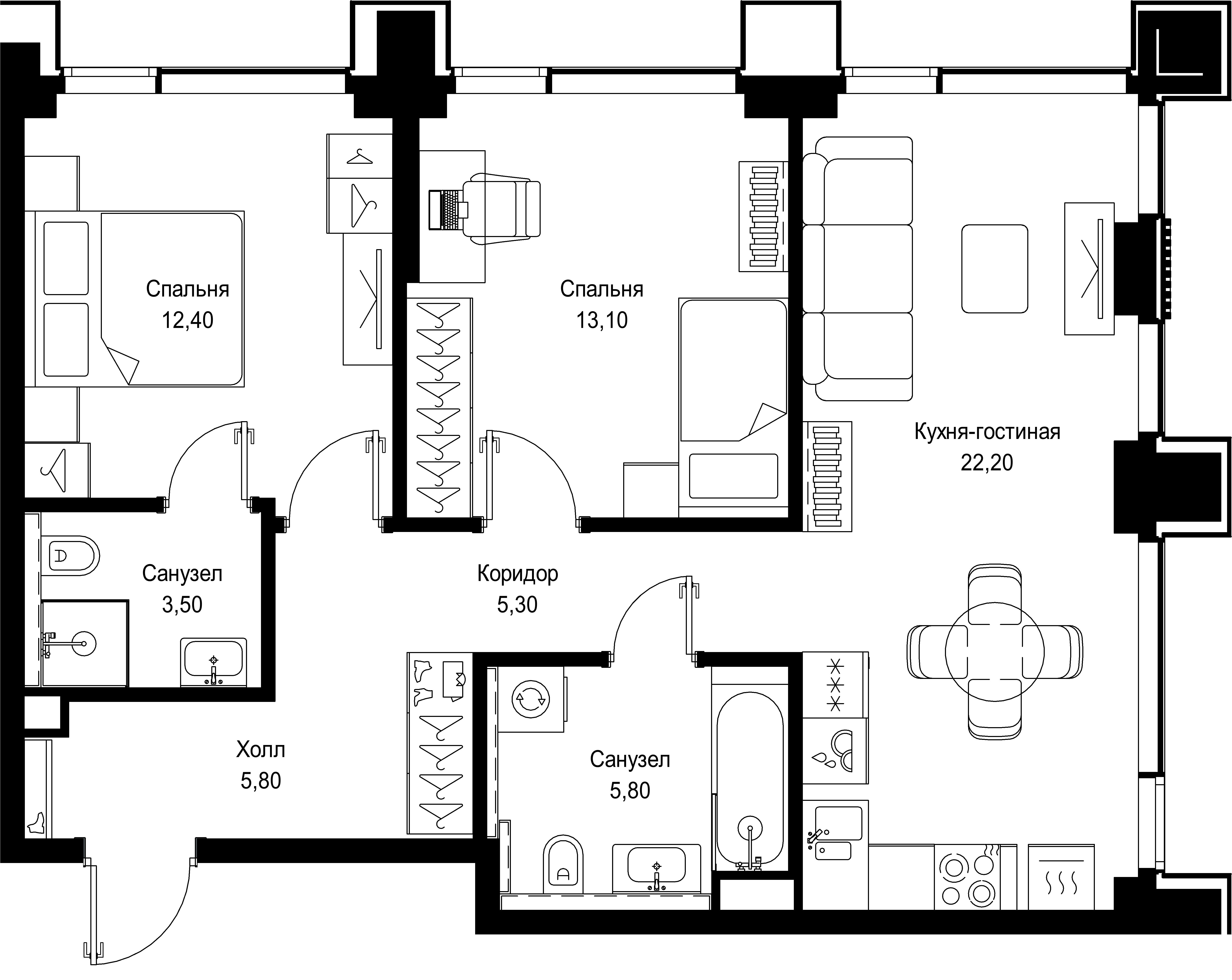 2 комн. квартира, 68.1 м², 30 этаж 