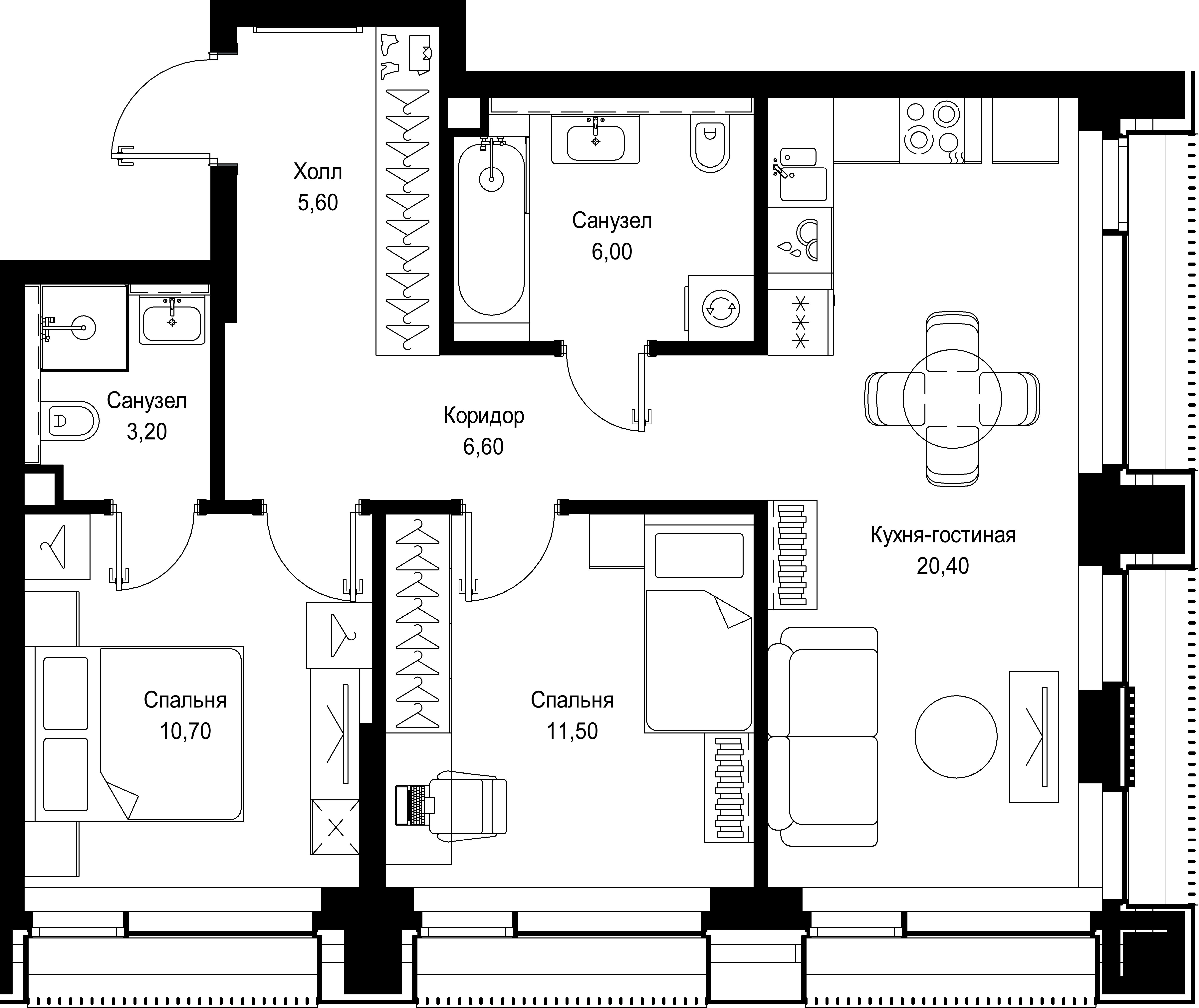 2 комн. квартира, 64 м², 29 этаж 