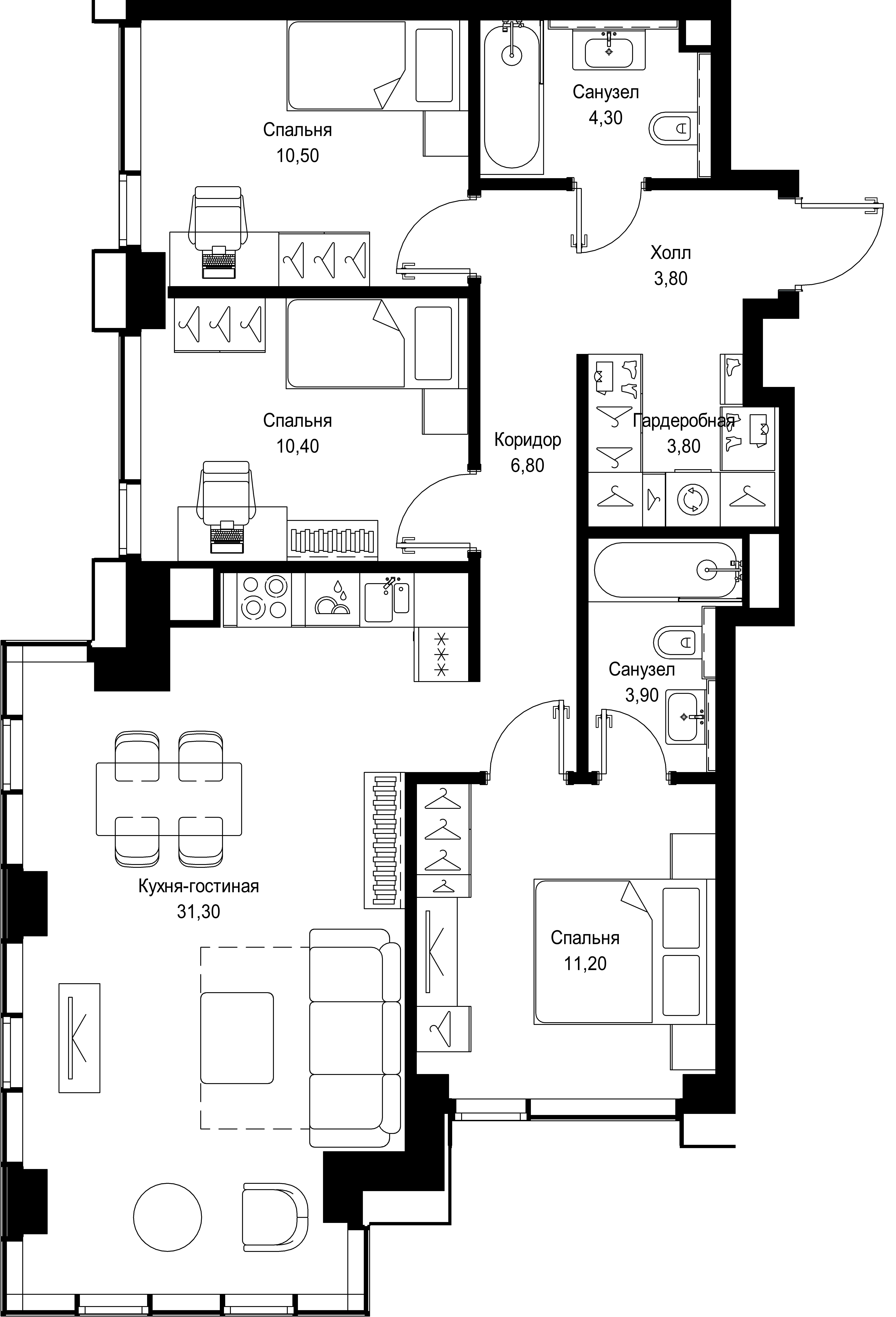 3 комн. квартира, 86 м², 15 этаж 