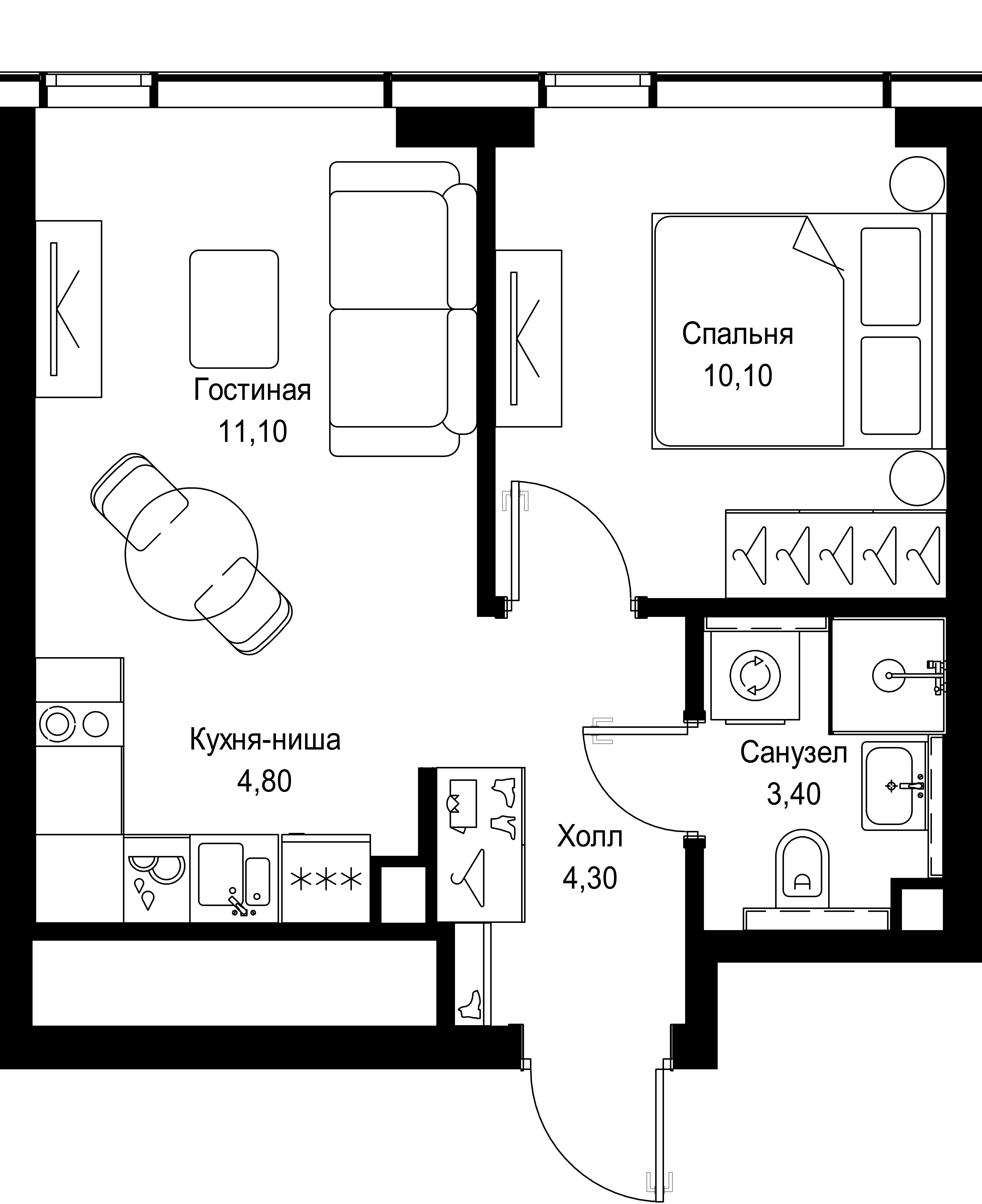 1 комн. квартира, 33.7 м², 46 этаж 