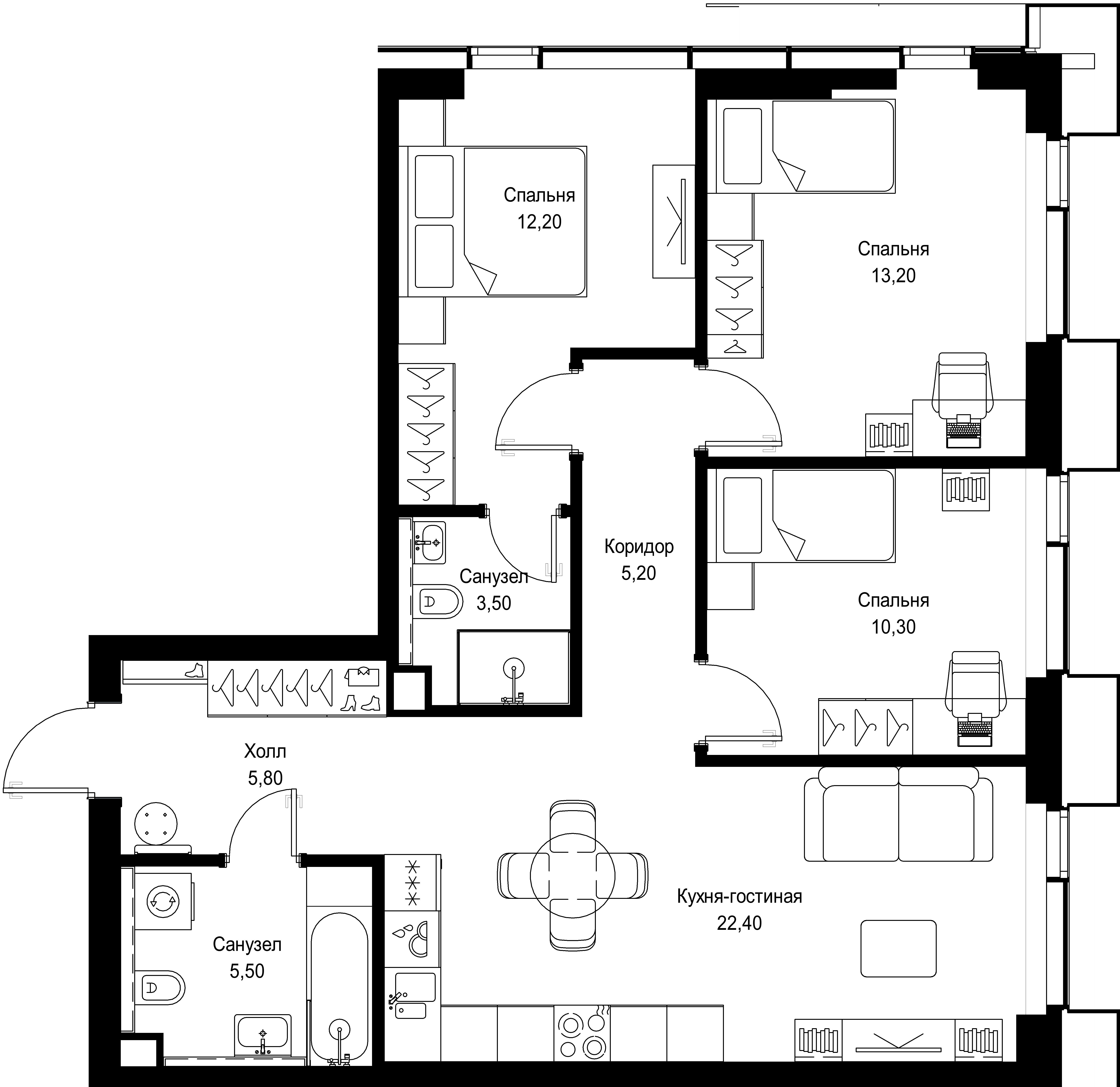 3 комн. квартира, 78.1 м², 30 этаж 