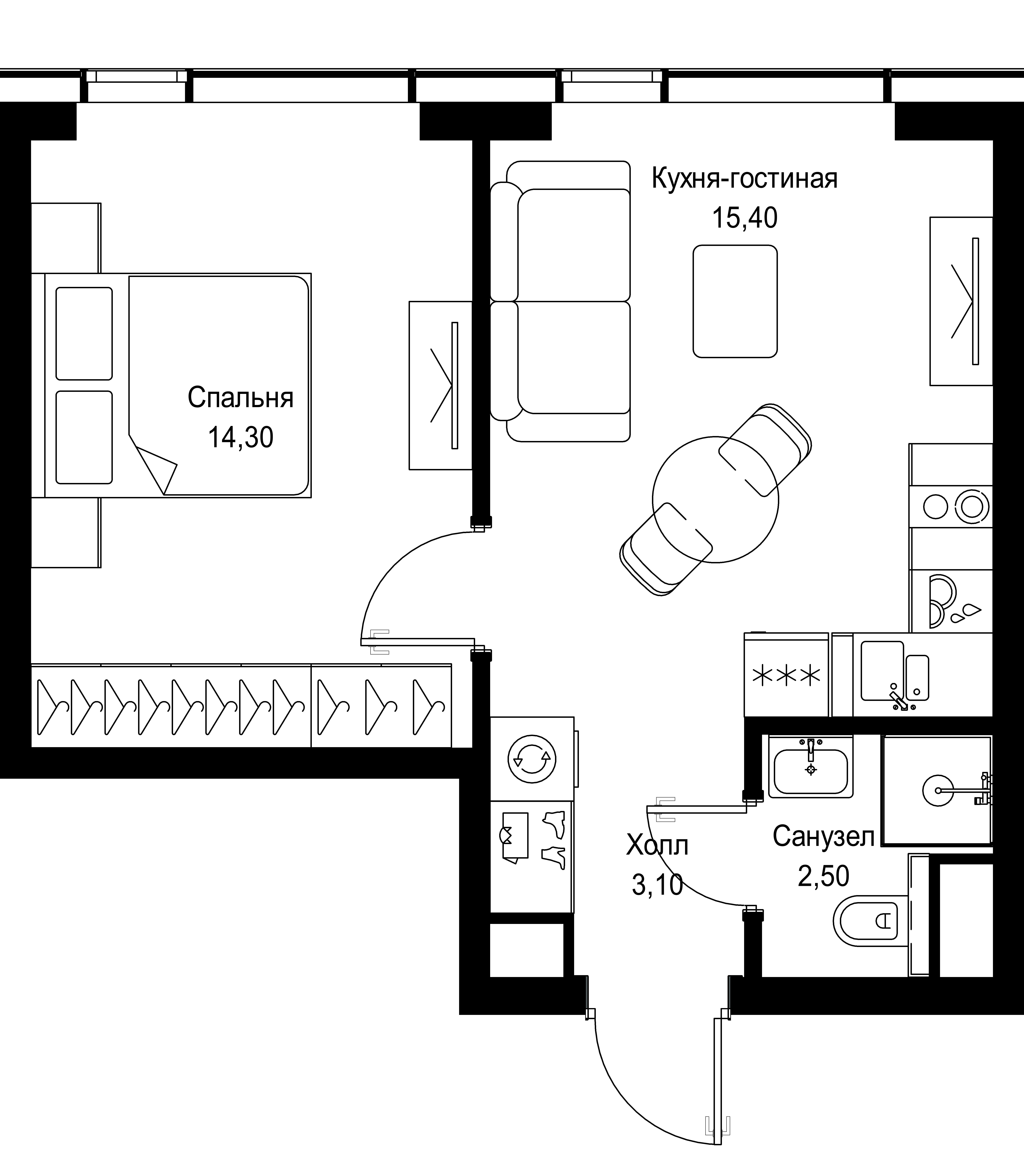 1 комн. квартира, 35.3 м², 34 этаж 