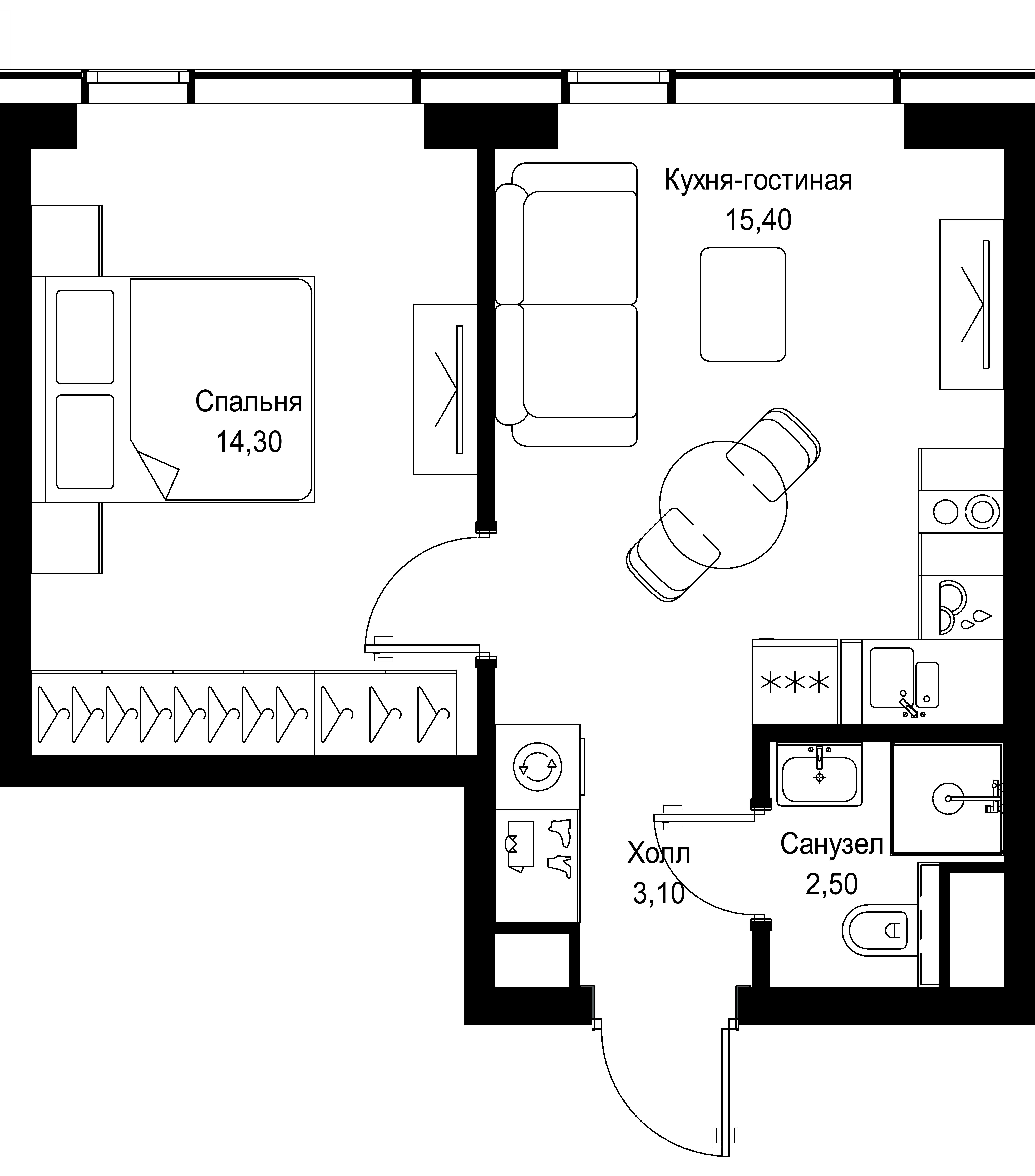 1 комн. квартира, 35.3 м², 23 этаж 