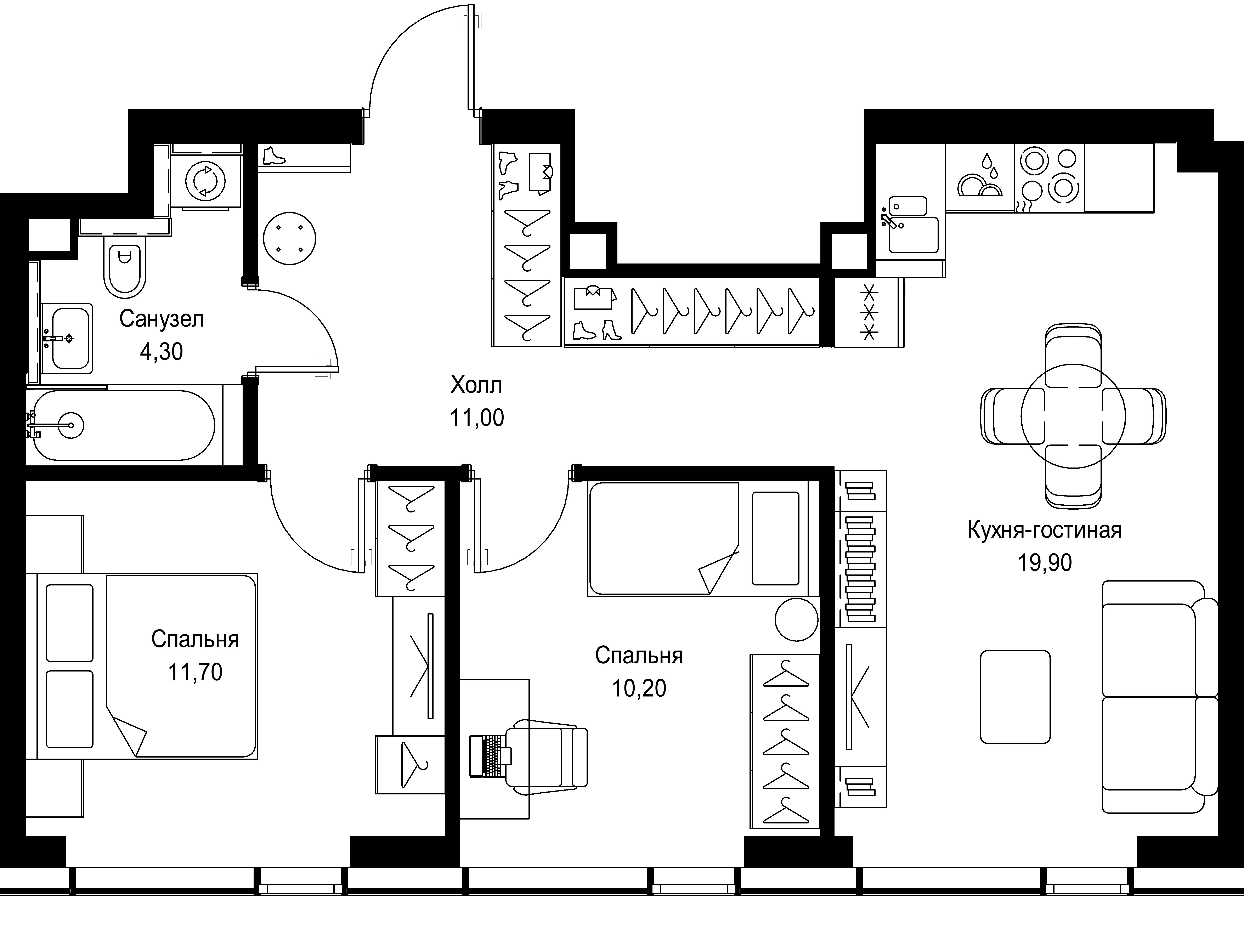 2 комн. квартира, 57.1 м², 34 этаж 