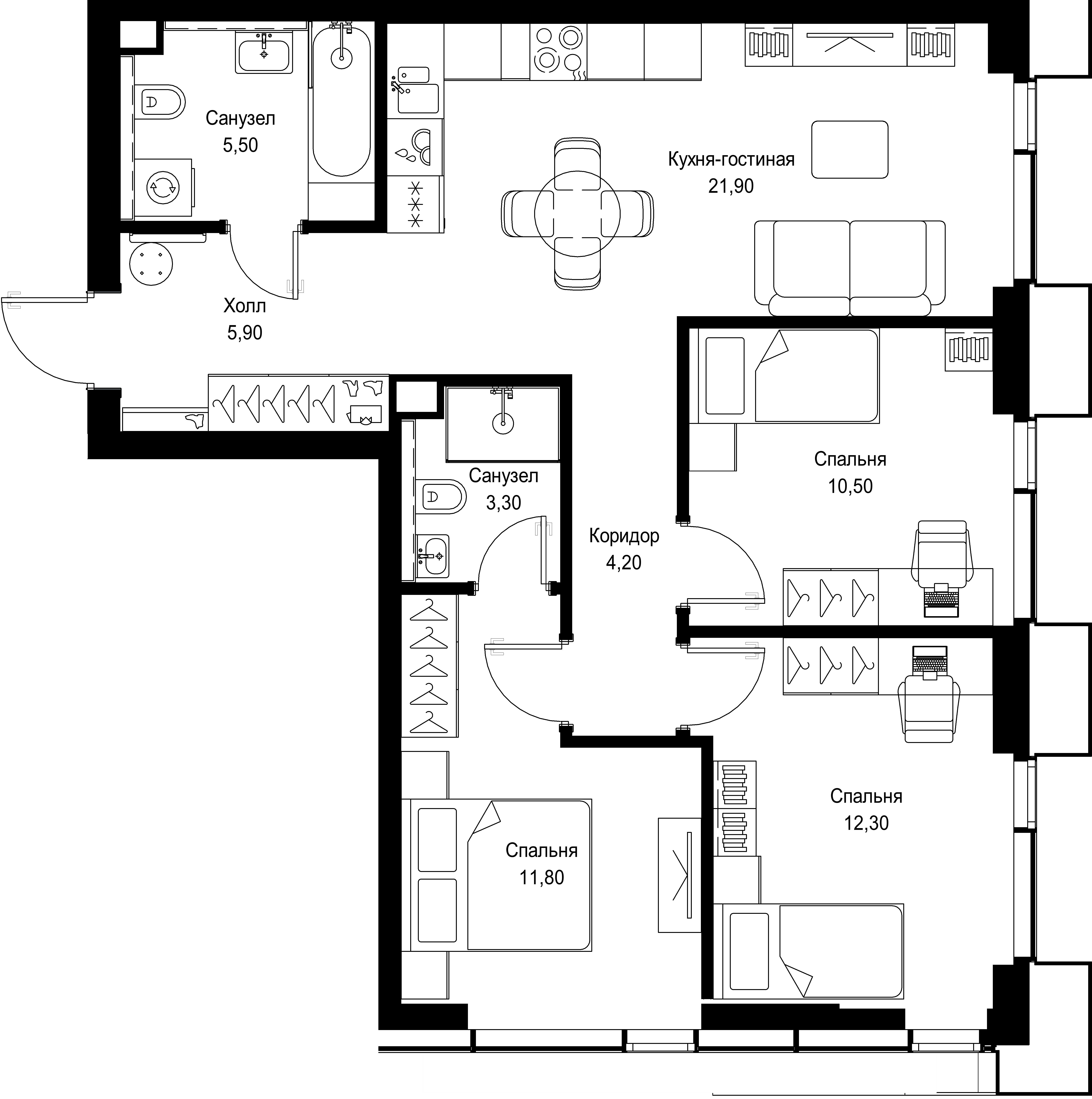 3 комн. квартира, 75.4 м², 47 этаж 