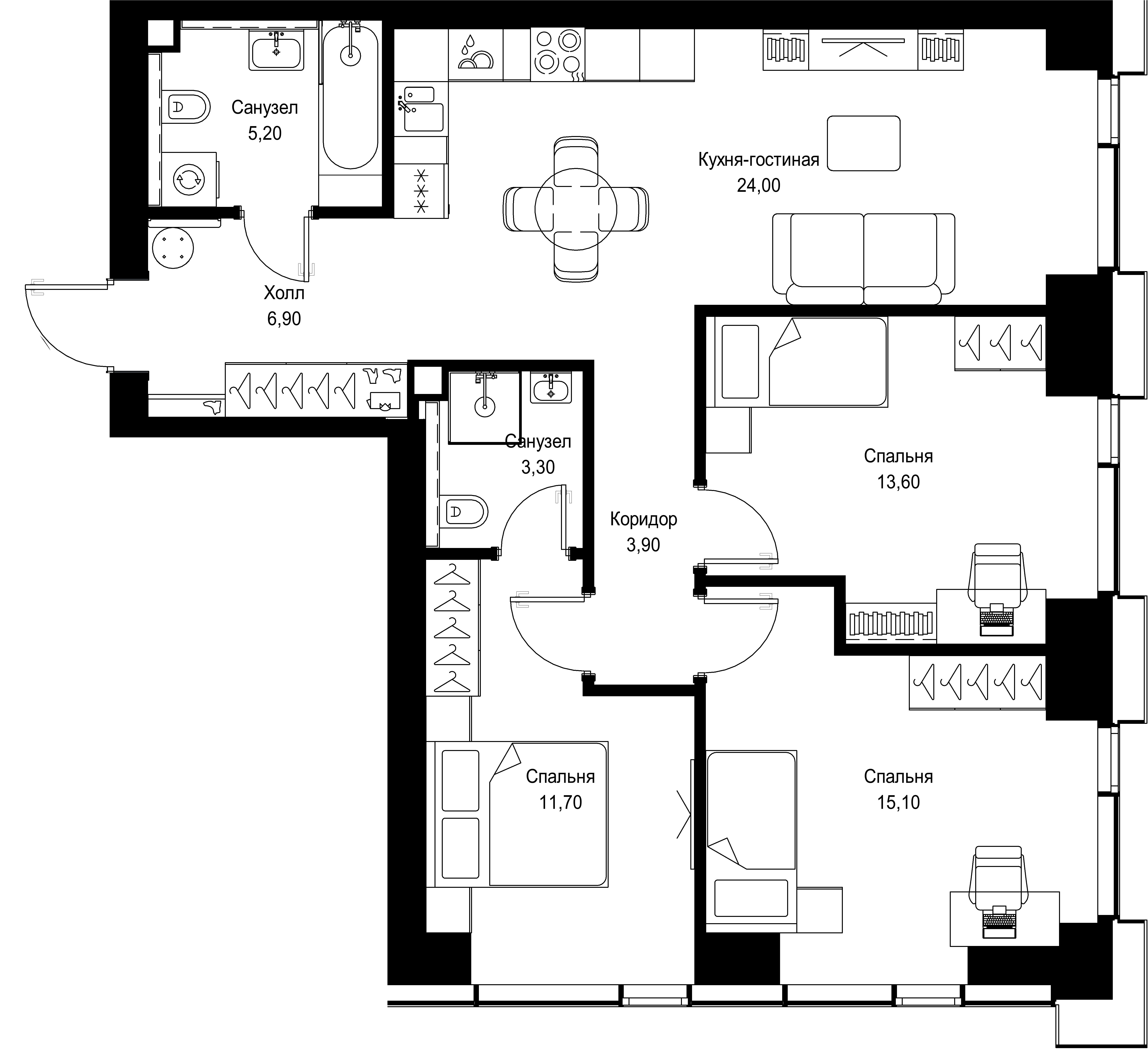3 комн. квартира, 83.7 м², 3 этаж 