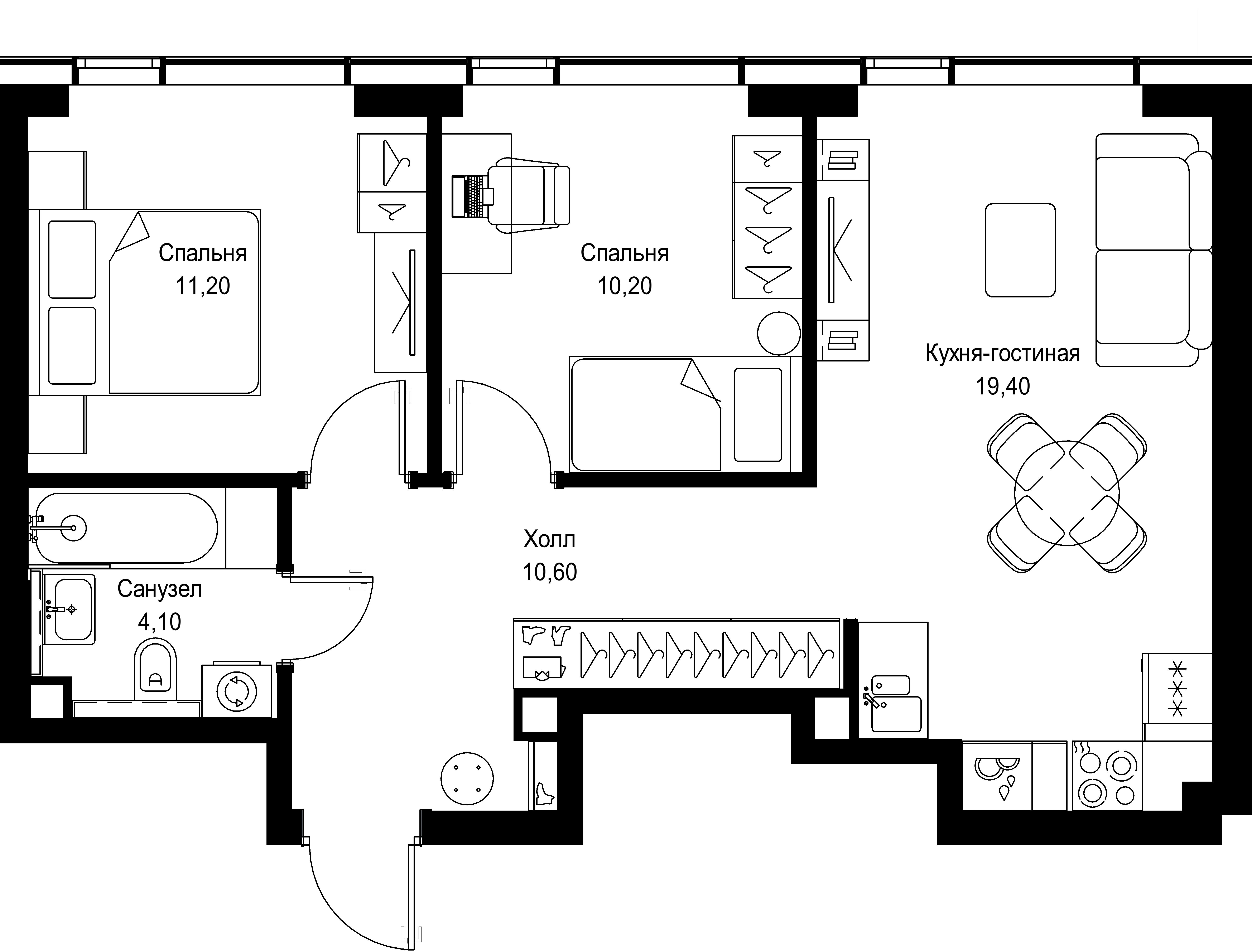 2 комн. квартира, 55.5 м², 40 этаж 