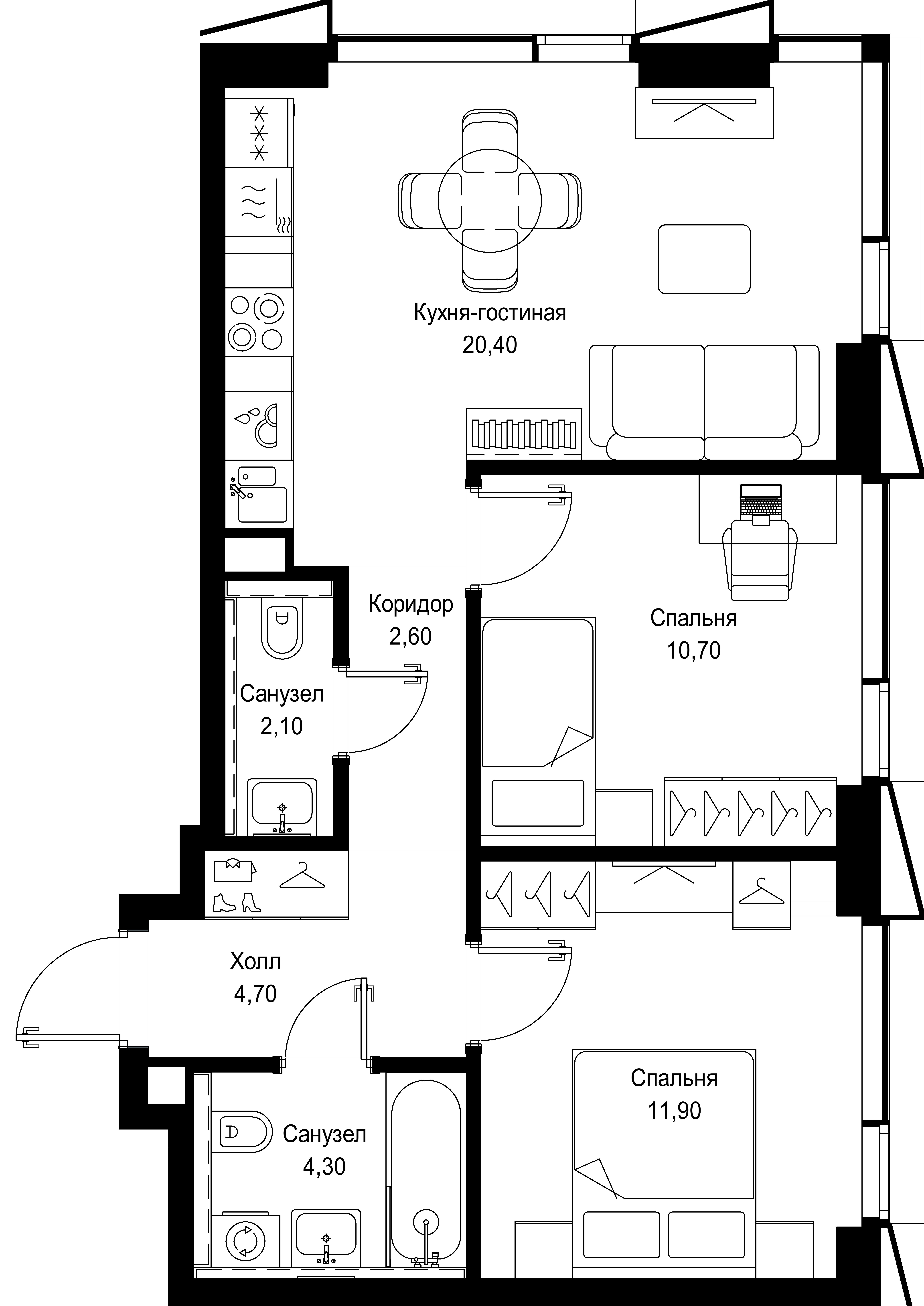 2 комн. квартира, 56.7 м², 5 этаж 