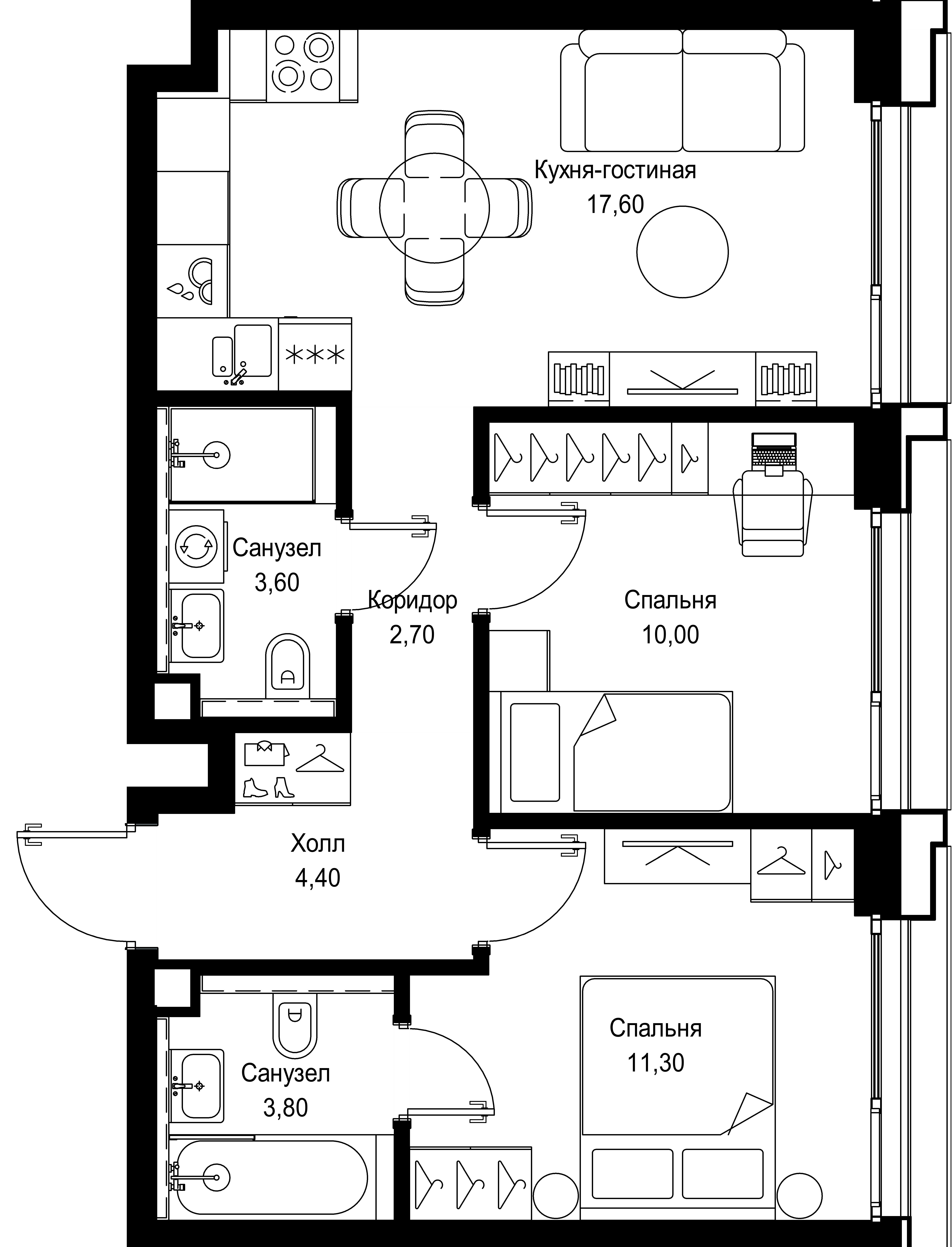 2 комн. квартира, 53.4 м², 2 этаж 
