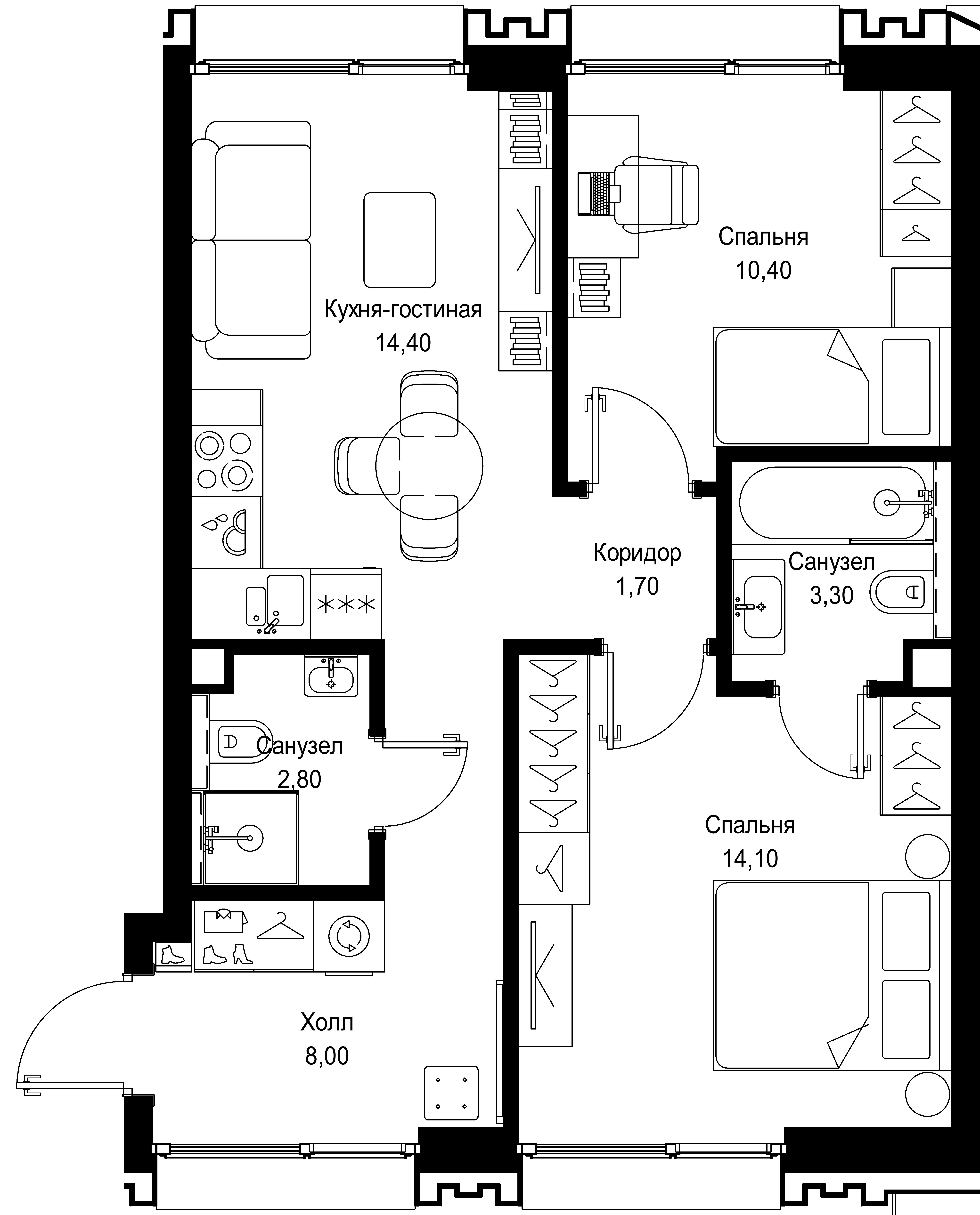 2 комн. квартира, 54.7 м², 2 этаж 