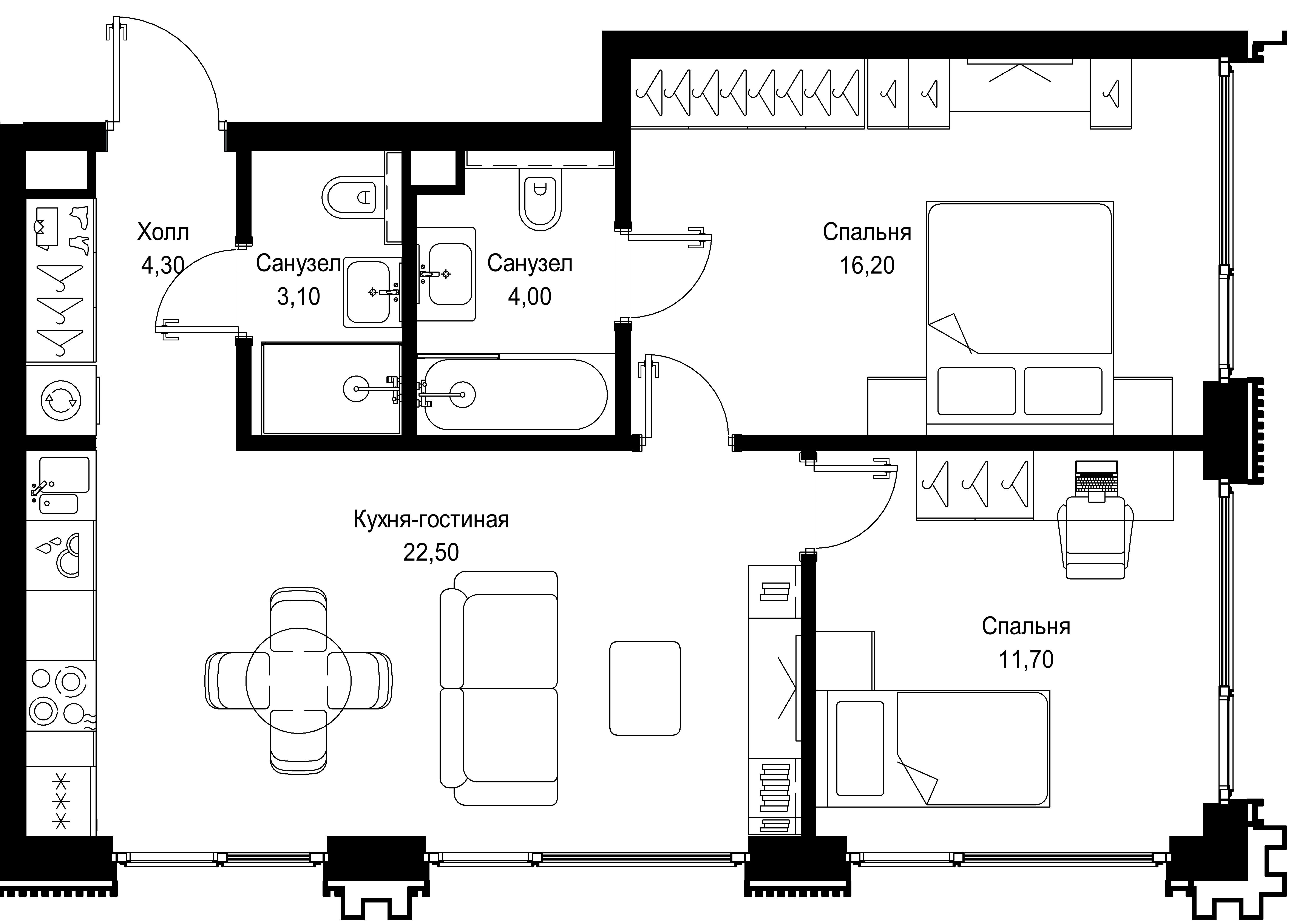 2 комн. квартира, 61.7 м², 10 этаж 
