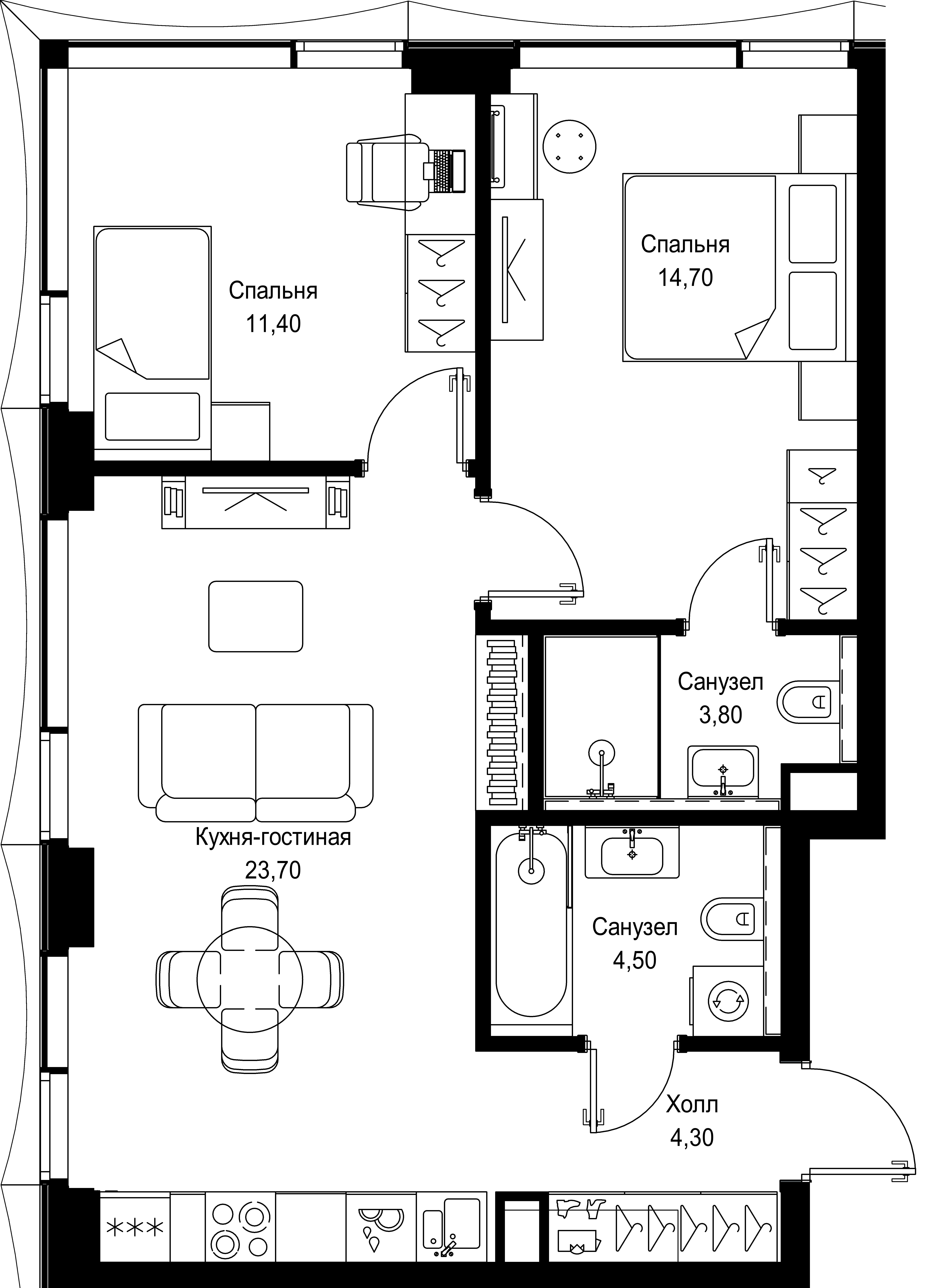 2 комн. квартира, 62.4 м², 14 этаж 