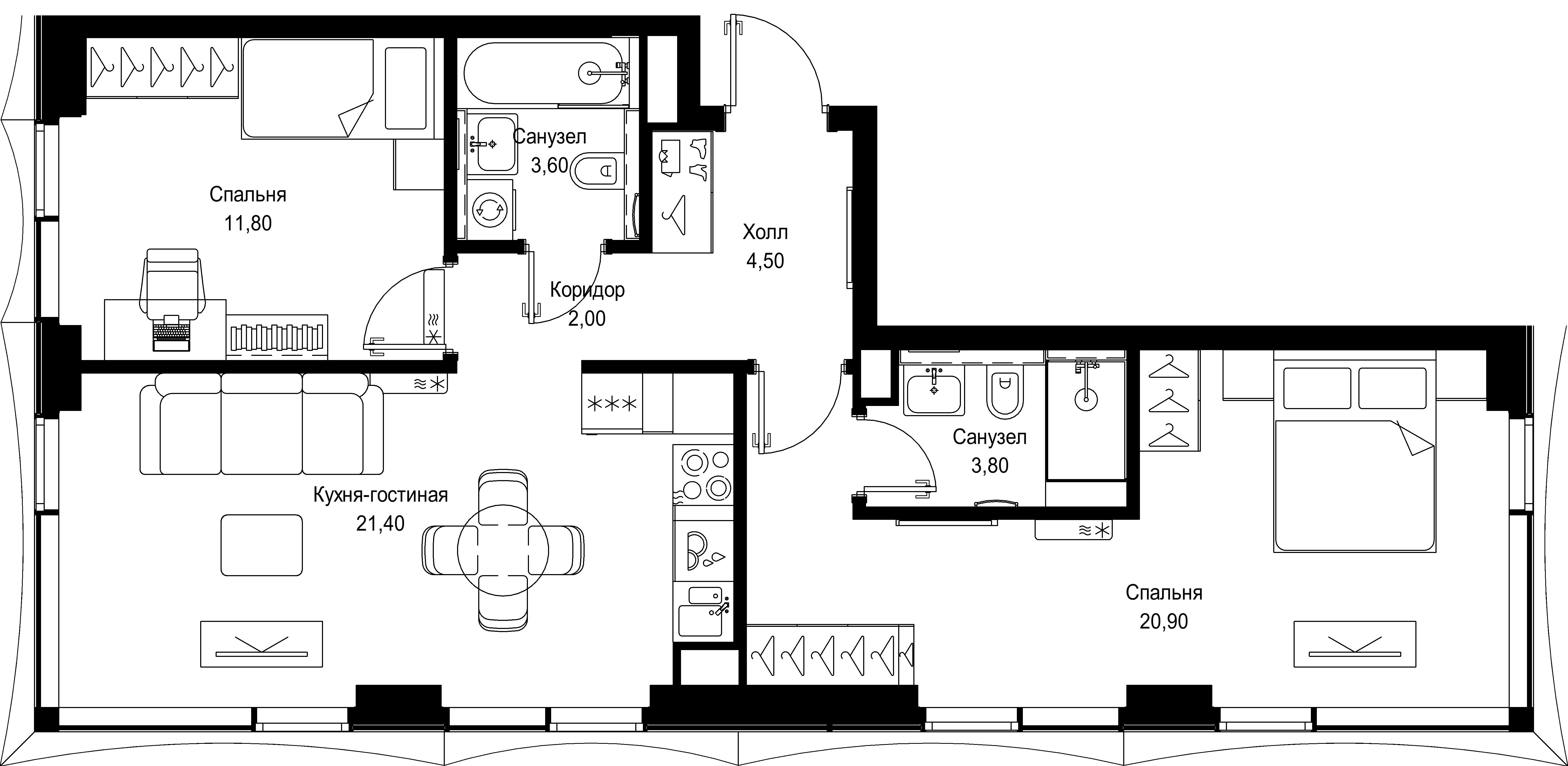2 комн. квартира, 68 м², 9 этаж 