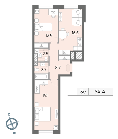 1 комн. квартира, 64.4 м², 7 этаж 