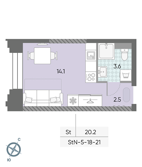 студия, 20.2 м², 20 этаж 
