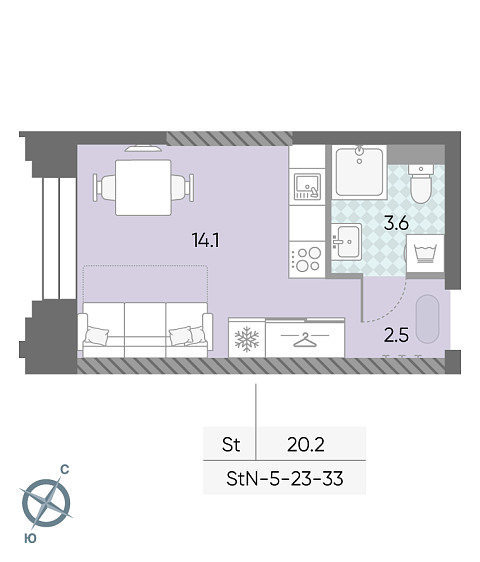 студия, 20.2 м², 24 этаж 