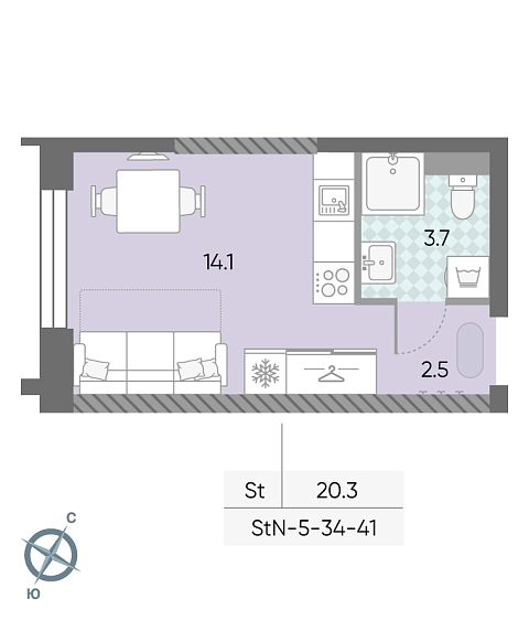 студия, 20.3 м², 34 этаж 