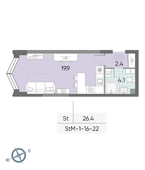 студия, 26.4 м², 16 этаж 