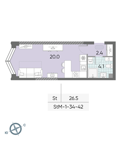 студия, 26.5 м², 34 этаж 