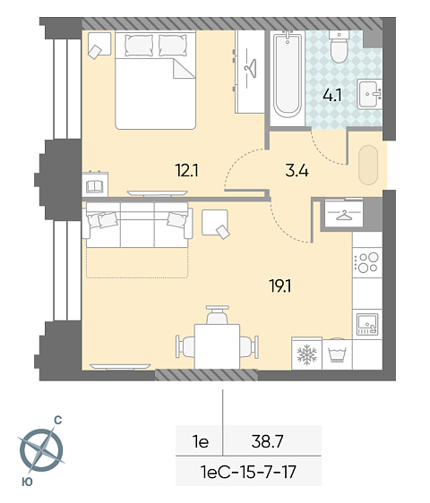 студия, 38.7 м², 14 этаж 