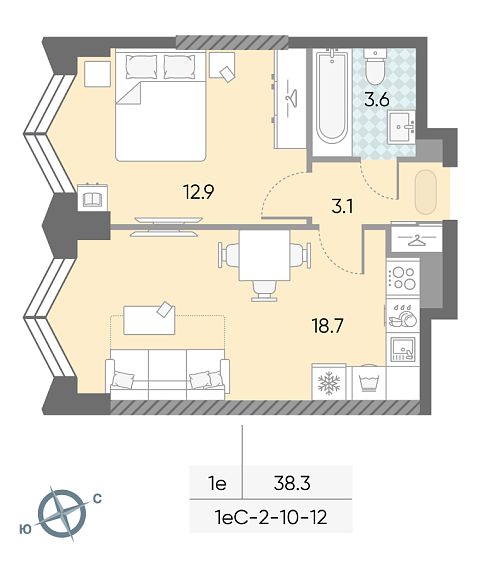 студия, 38.3 м², 10 этаж 