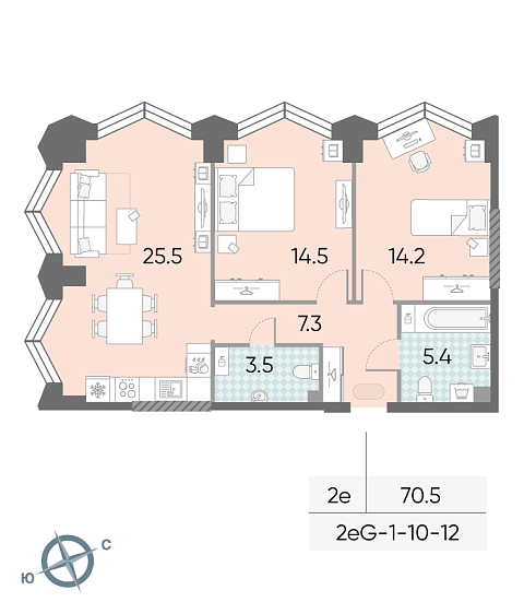 1 комн. квартира, 70.5 м², 12 этаж 