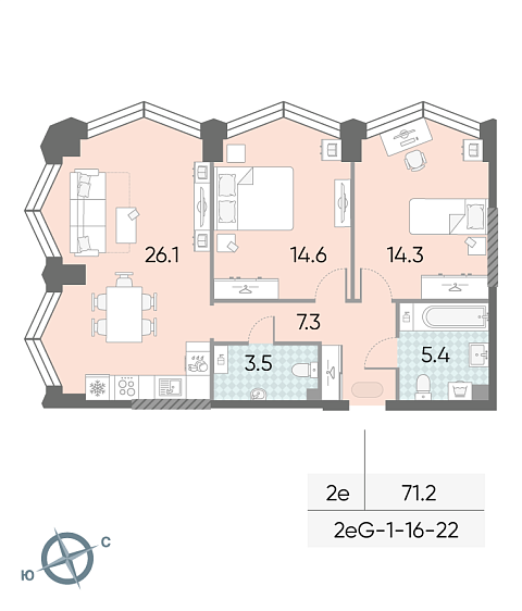 1 комн. квартира, 71.2 м², 16 этаж 
