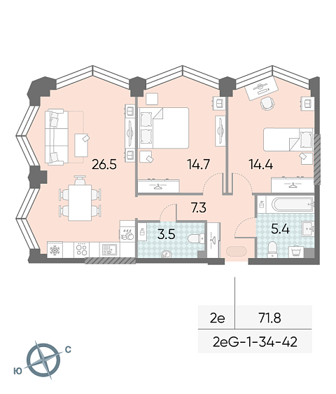1 комн. квартира, 71.8 м², 42 этаж 